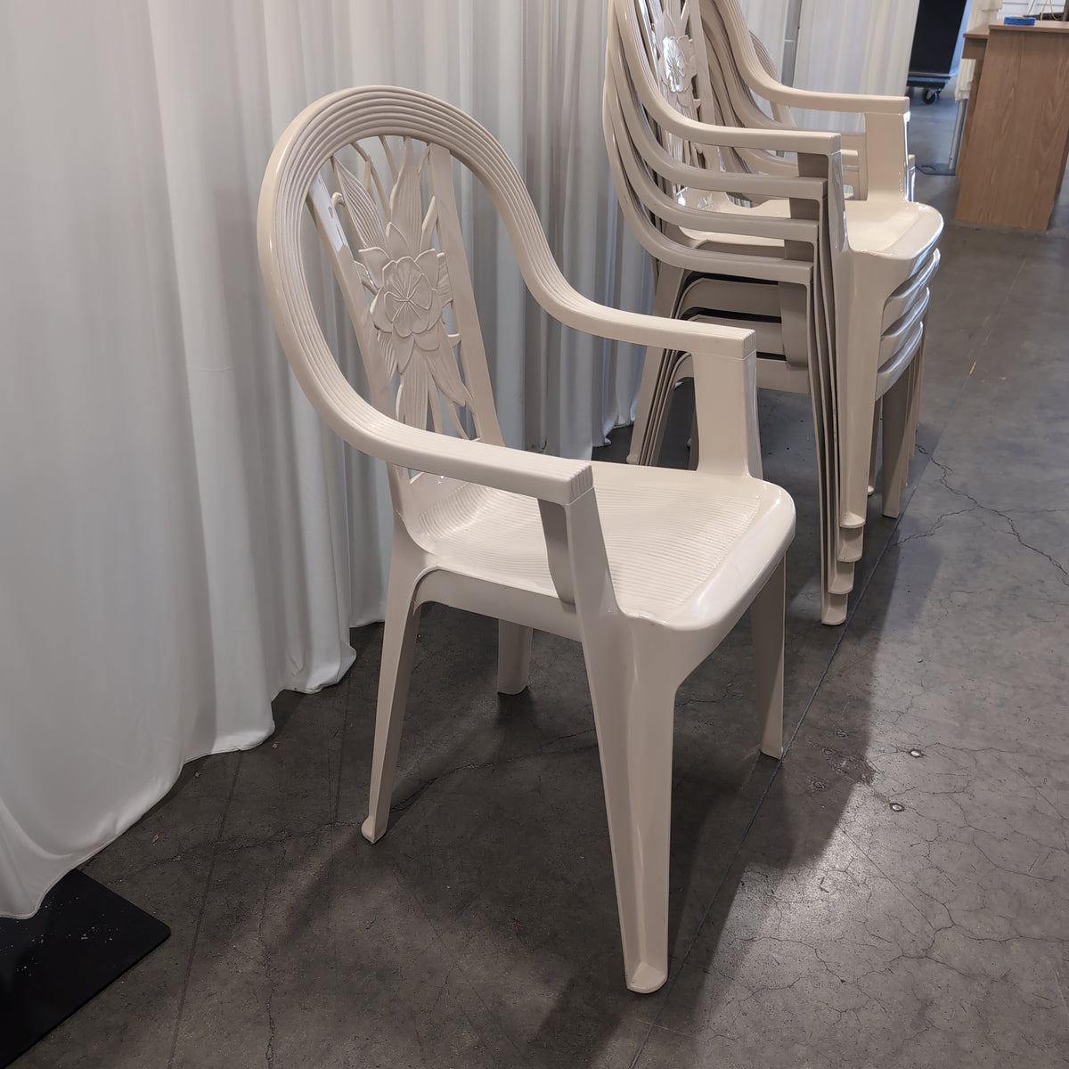 Set of Six White Plastic Stackable Outdoor Chair with Floral Backrest