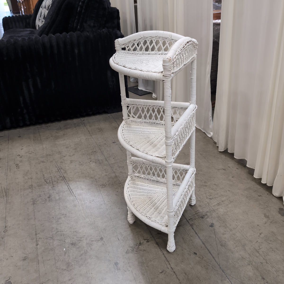 White Wicker Three-Tier Corner Shelf