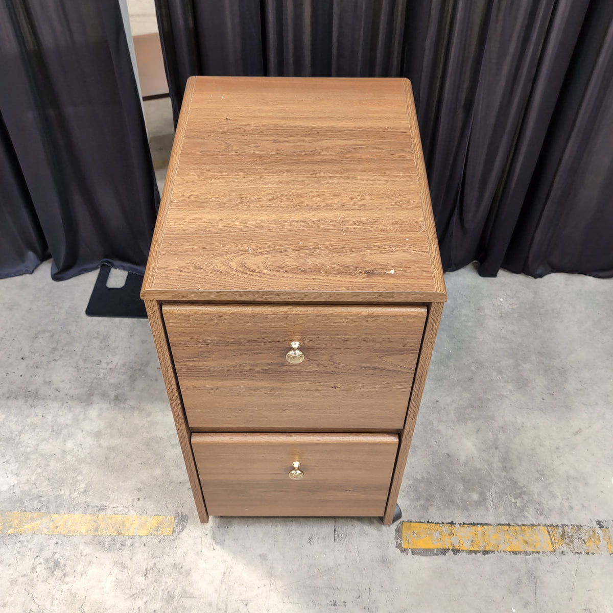 Brown Wood Grain Two-Drawer Nightstand with Casters