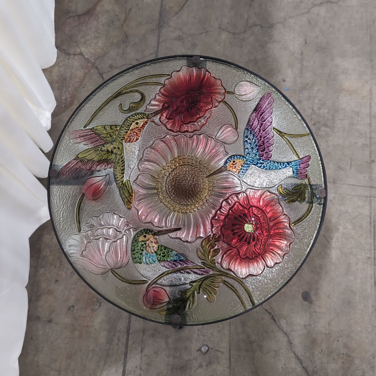 Round Glass Top End Table with Floral and Bird Design