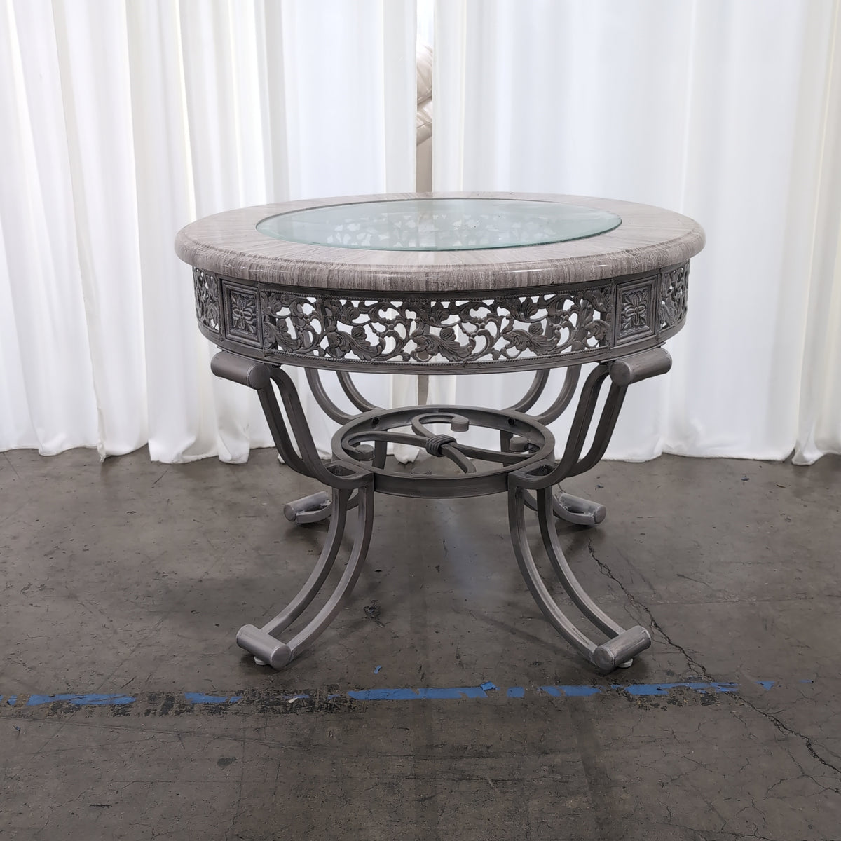 Grey Stone Top Round End Table with Ornate Metal Base