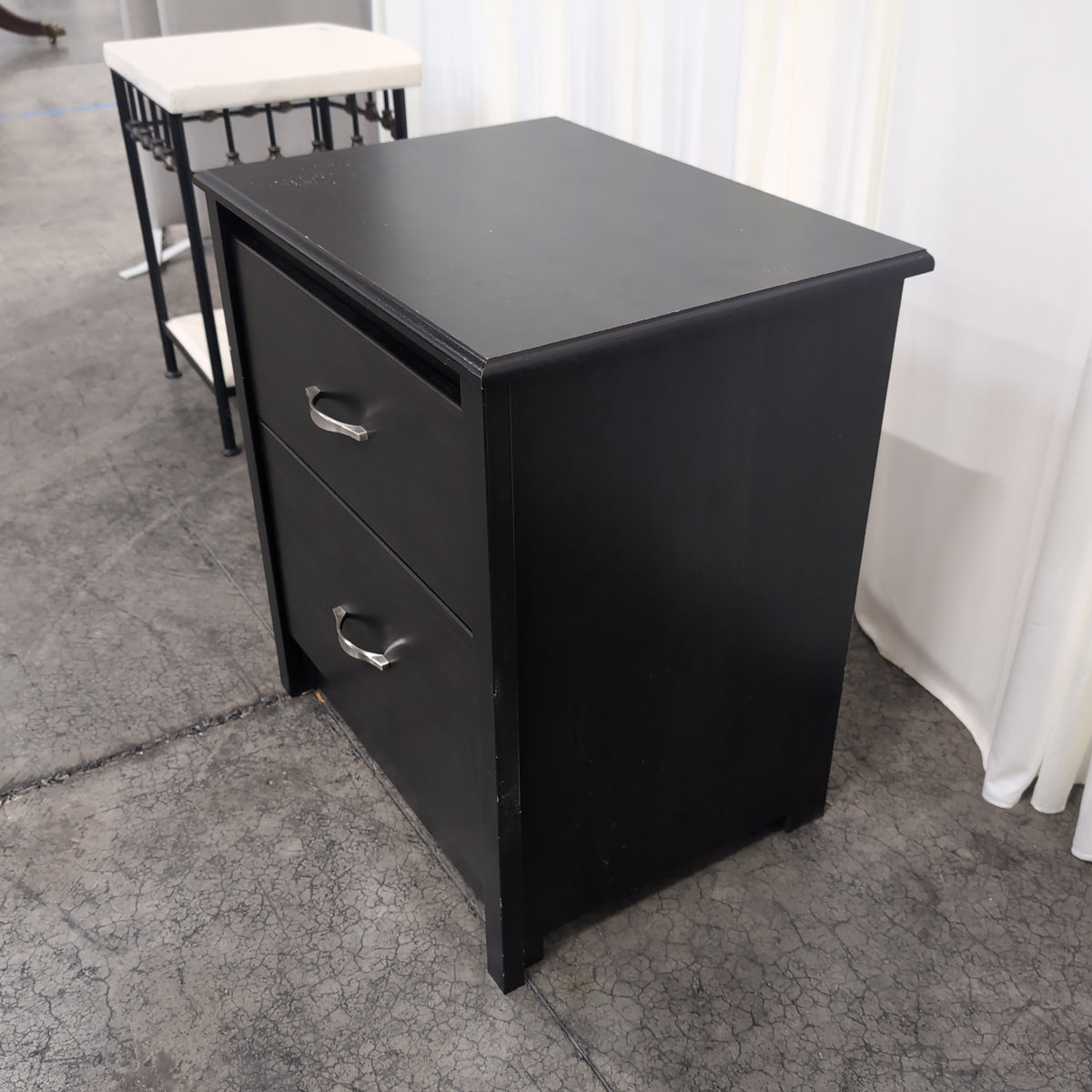 Dark Wood Two-Drawer Nightstand with Silver Handles