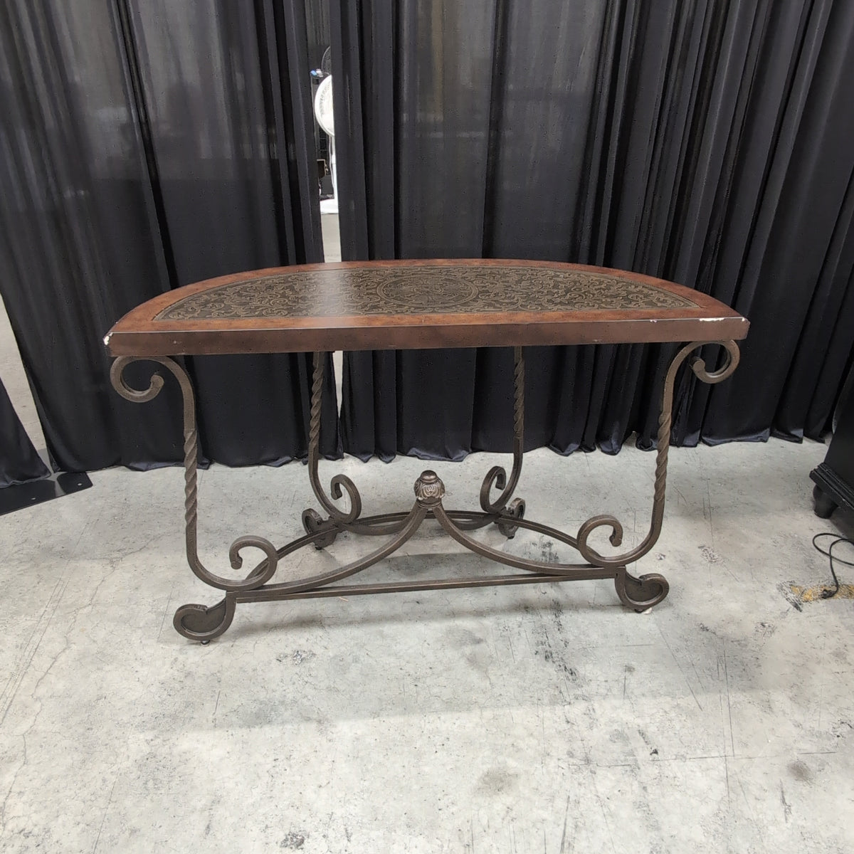 Demilune Dark Wood Console Table with Ornate Metal Base