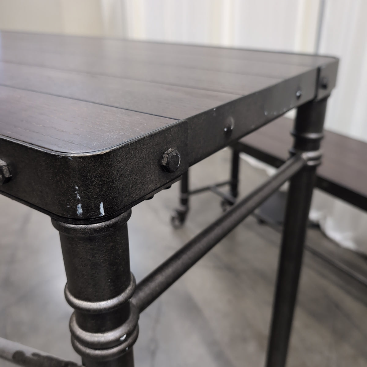 Industrial Dark Wood Console Table with Matching Bench