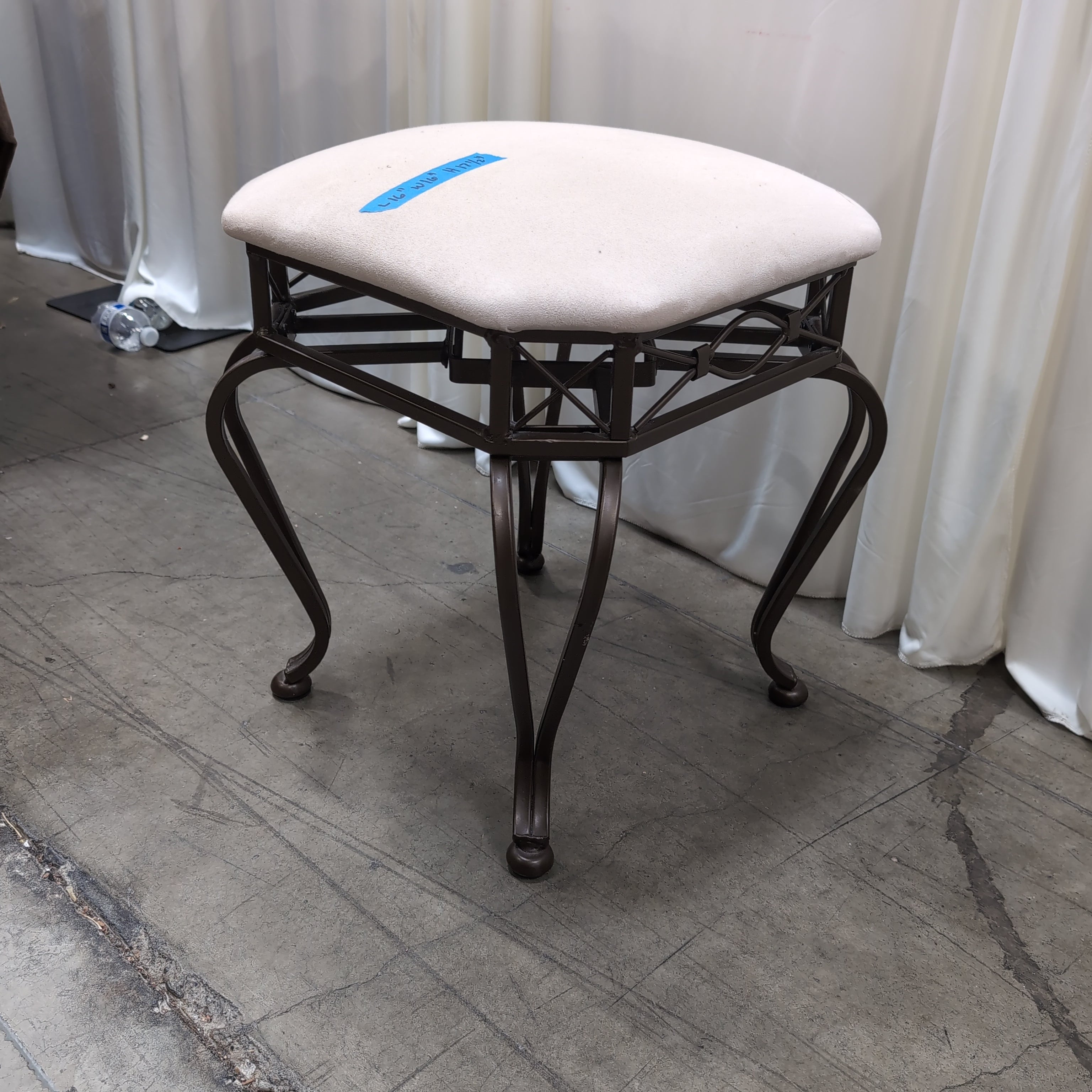 Dark Bronze Ornate Metal Vanity Stool with Cream Upholstery