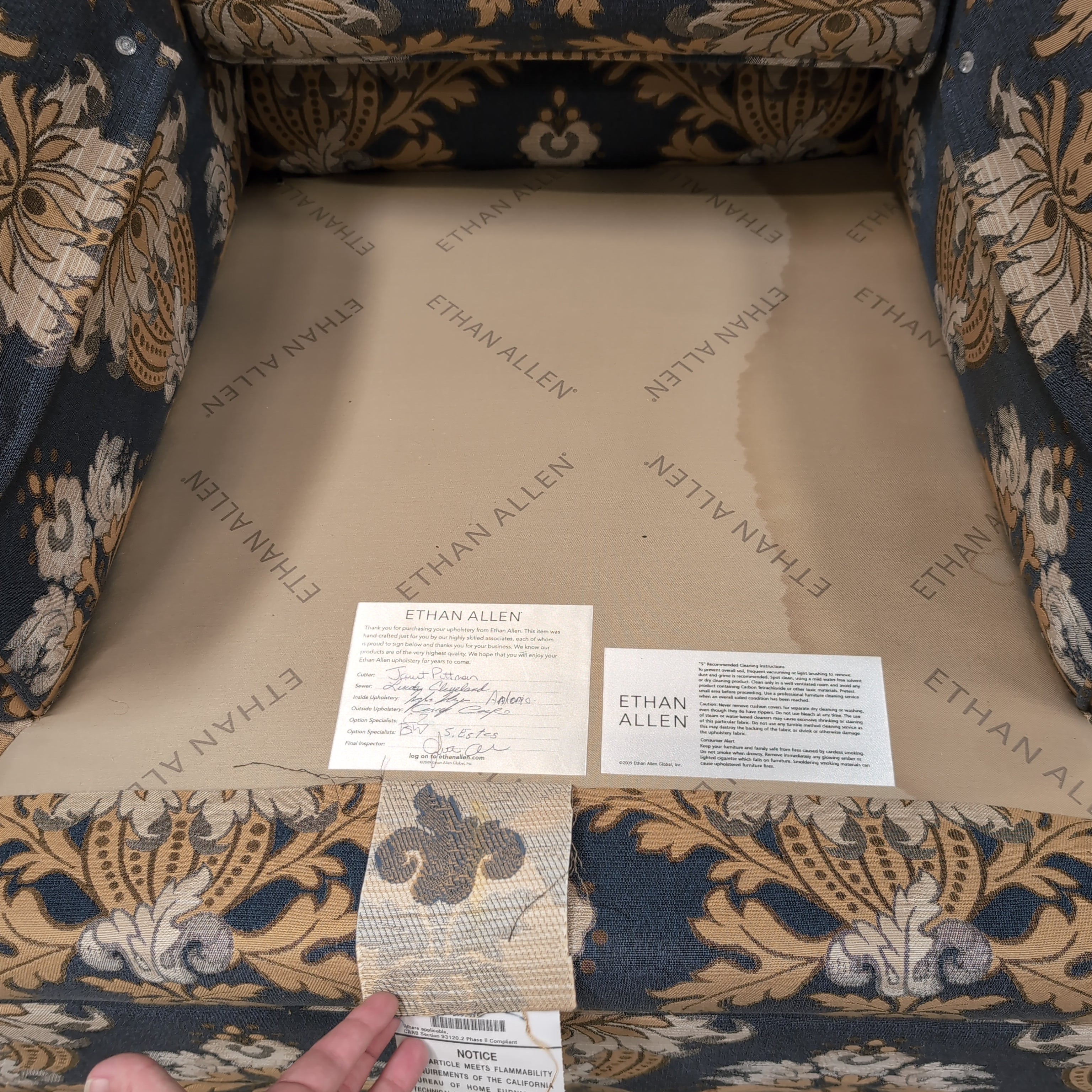 Traditional Damask Patterned Armchair in Navy and Gold