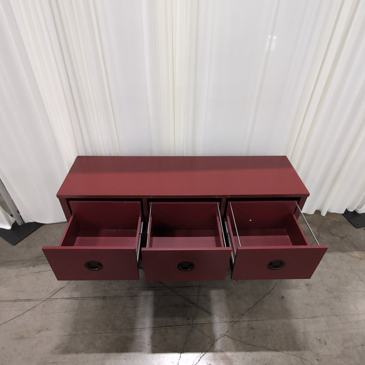 Red Wood Three-Drawer Console Table with Lower Shelf
