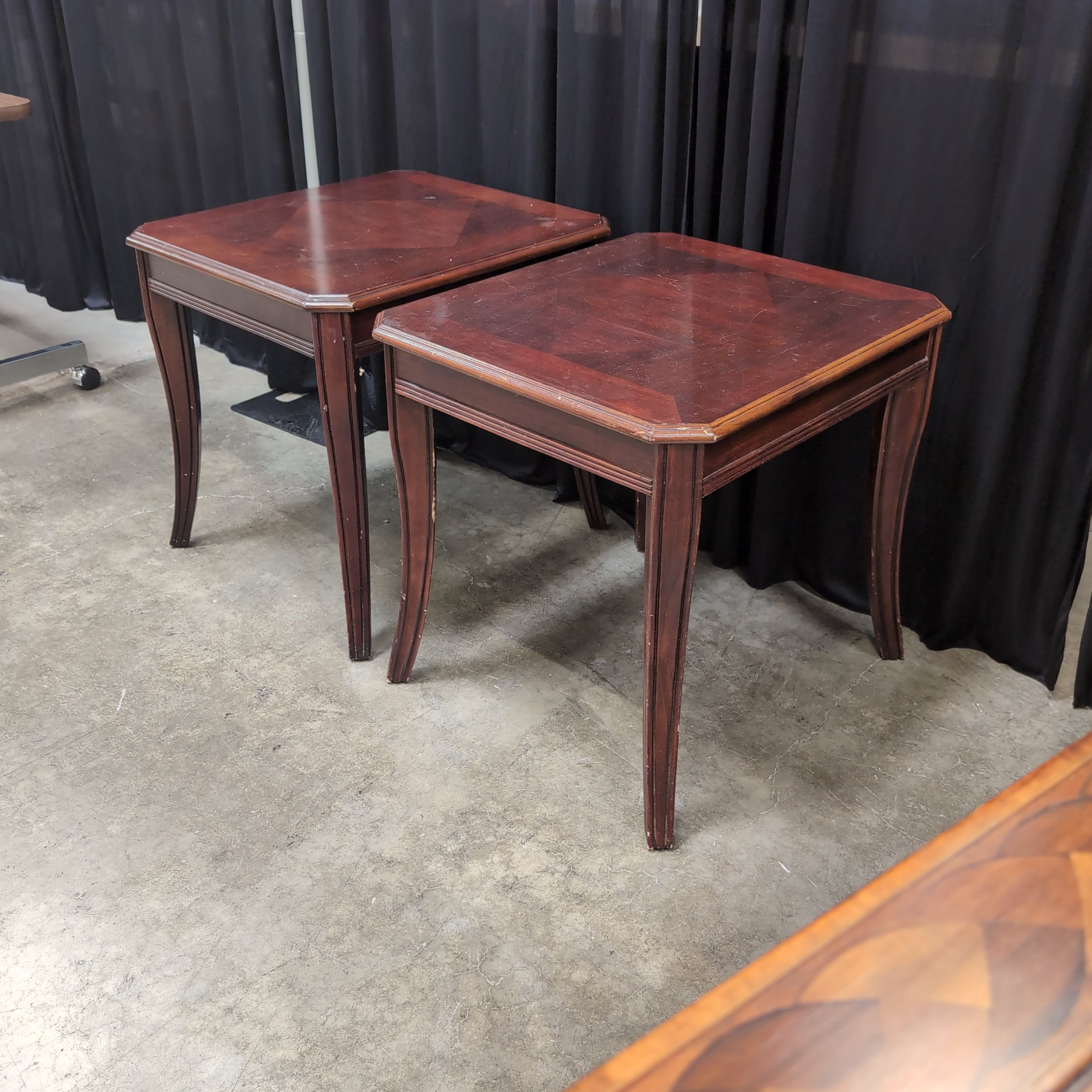 Pair of Dark Cherry Wood End Table with Curved Legs