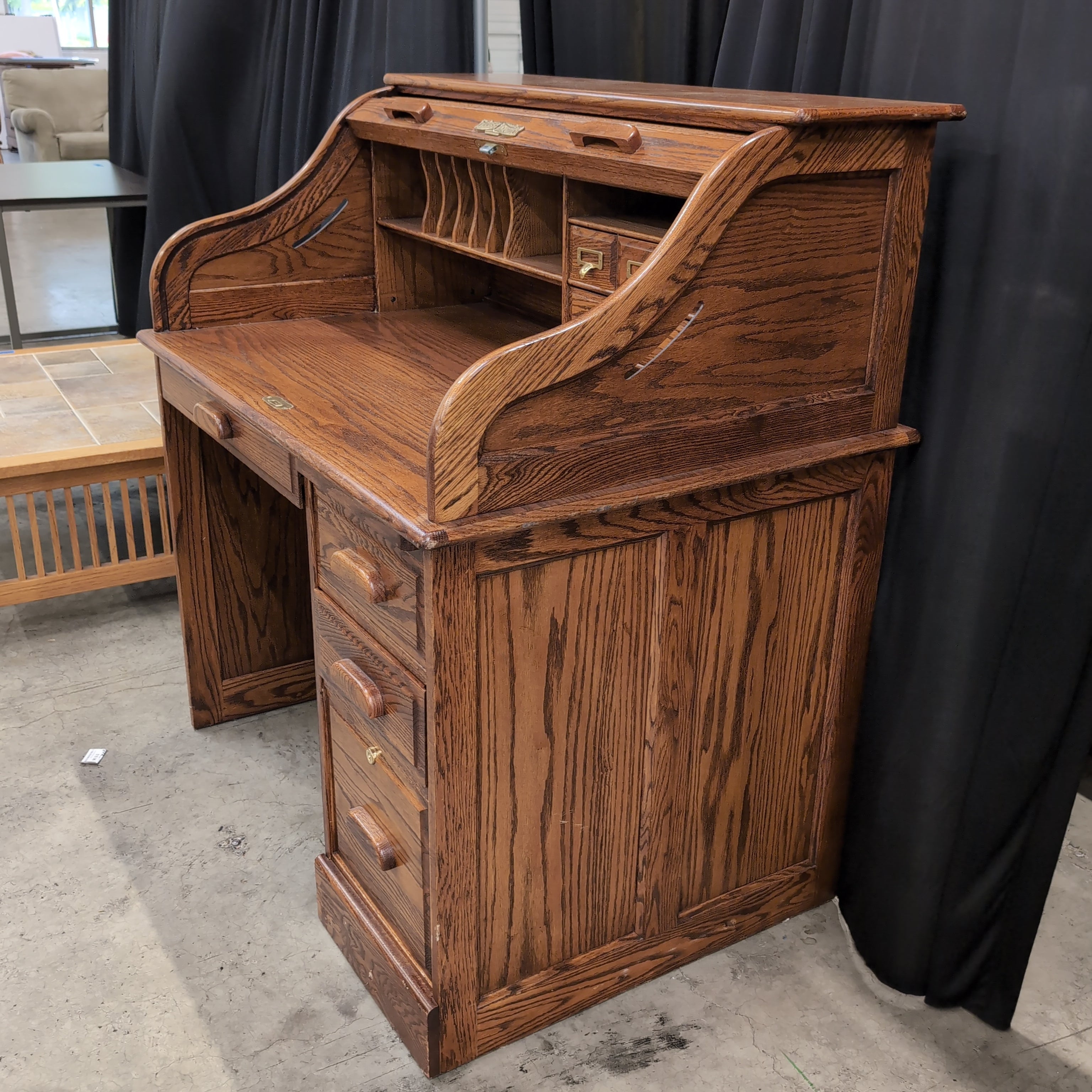 Oak Roll-Top Desk with Multiple Drawers