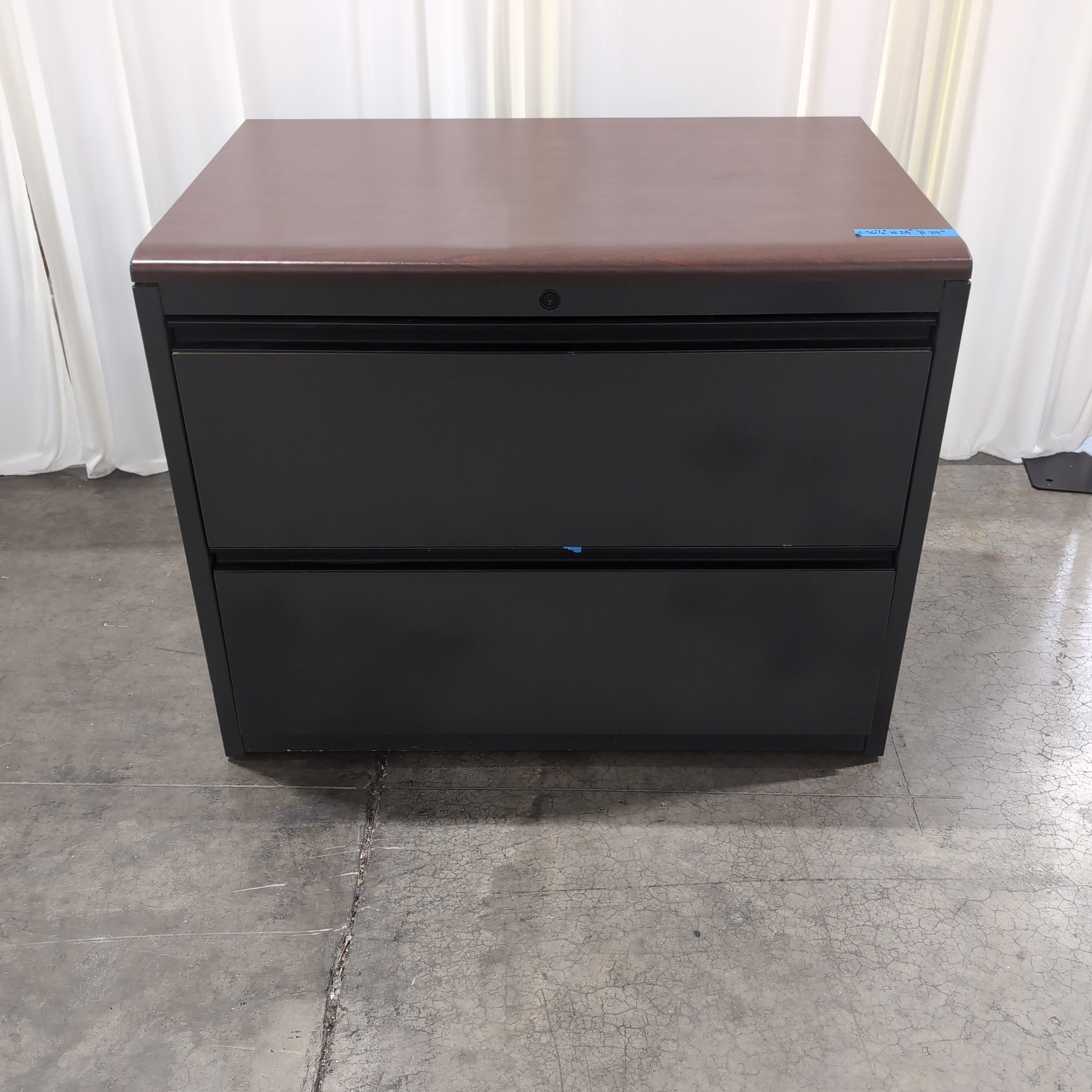 Two-Drawer Black Filing Cabinet with Wood-Look Top