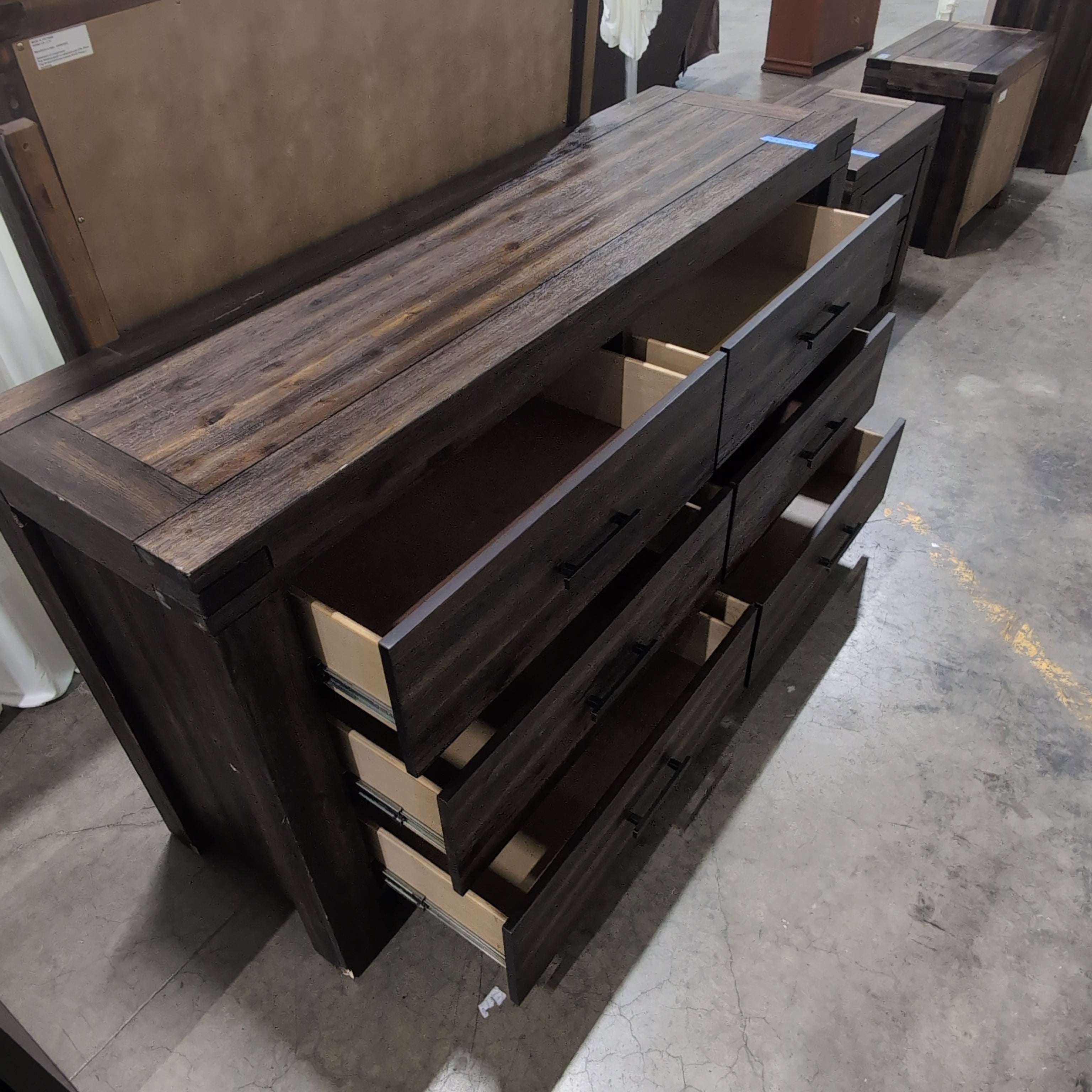 Rustic Dark Wood Six-Drawer Dresser with Mirror