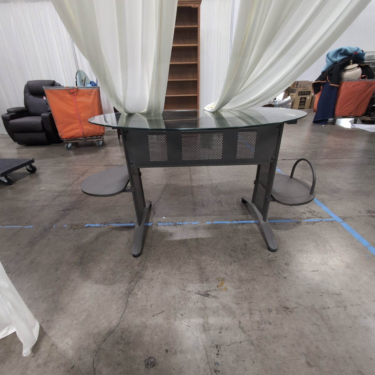 Grey Metal and Glass Kidney-Shaped Desk