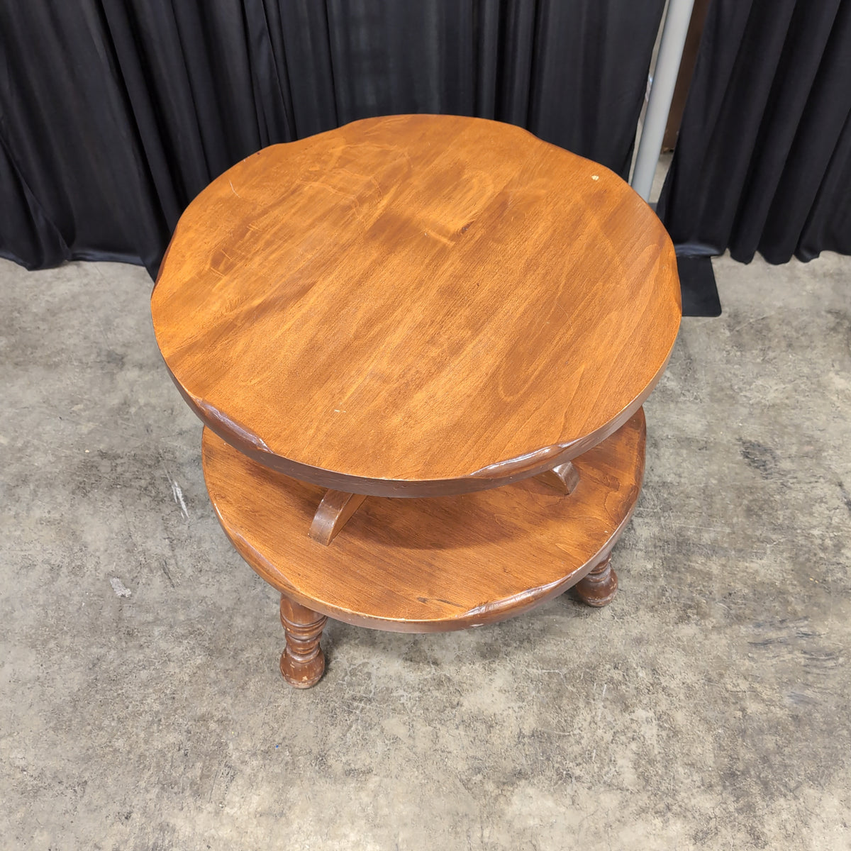 Two-Tiered Round Wood End Table with Turned Legs