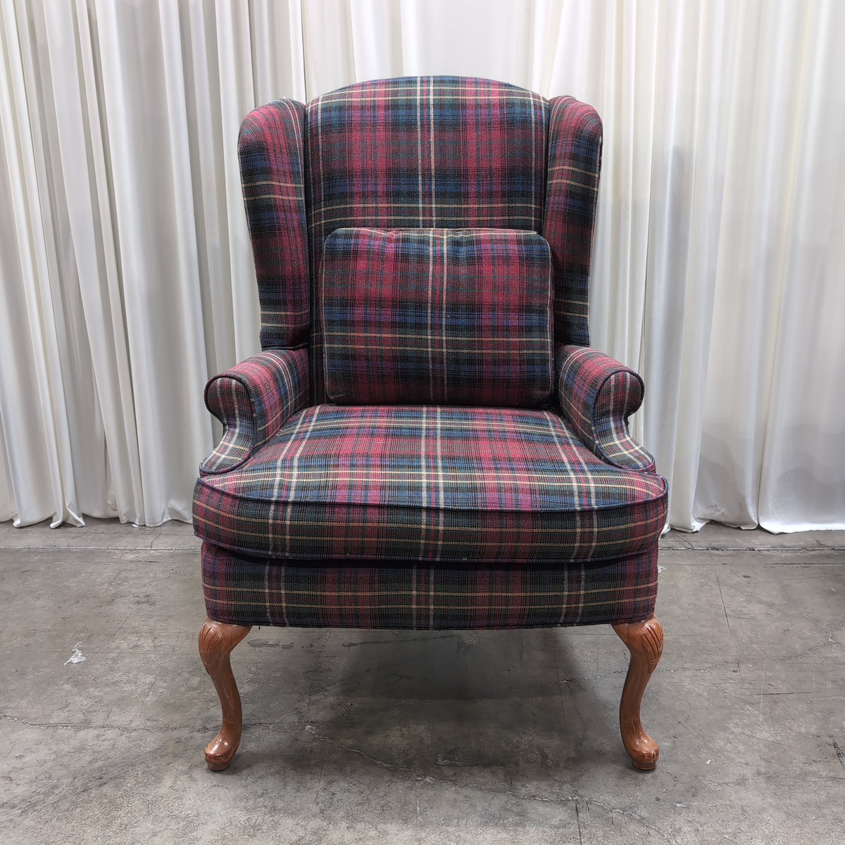 Traditional Red Plaid Wingback Chair with Carved Legs
