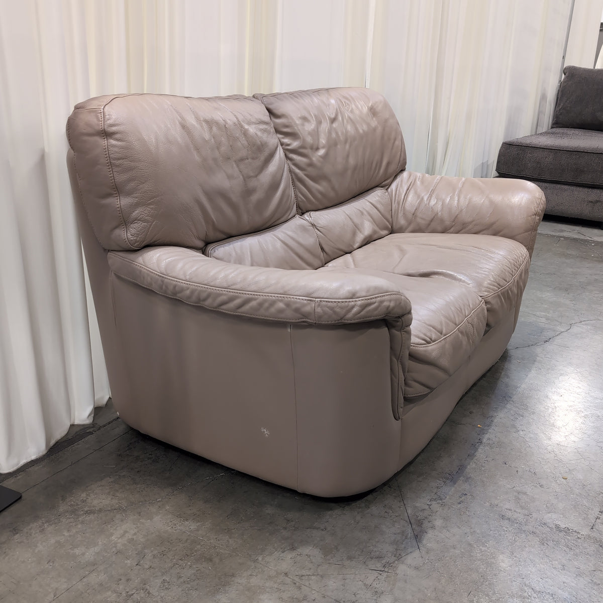 Plush Tan Leather Rolled Arm Loveseat