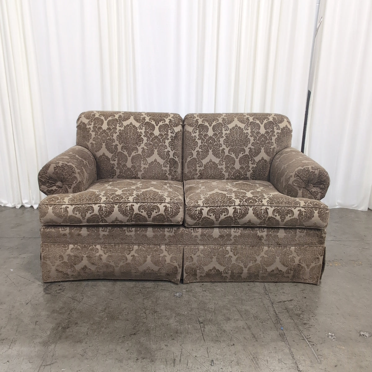 Traditional Brown Damask Upholstered Loveseat with Rolled Arms