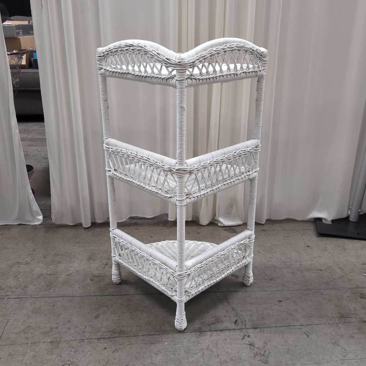 White Wicker Three-Tier Corner Shelf