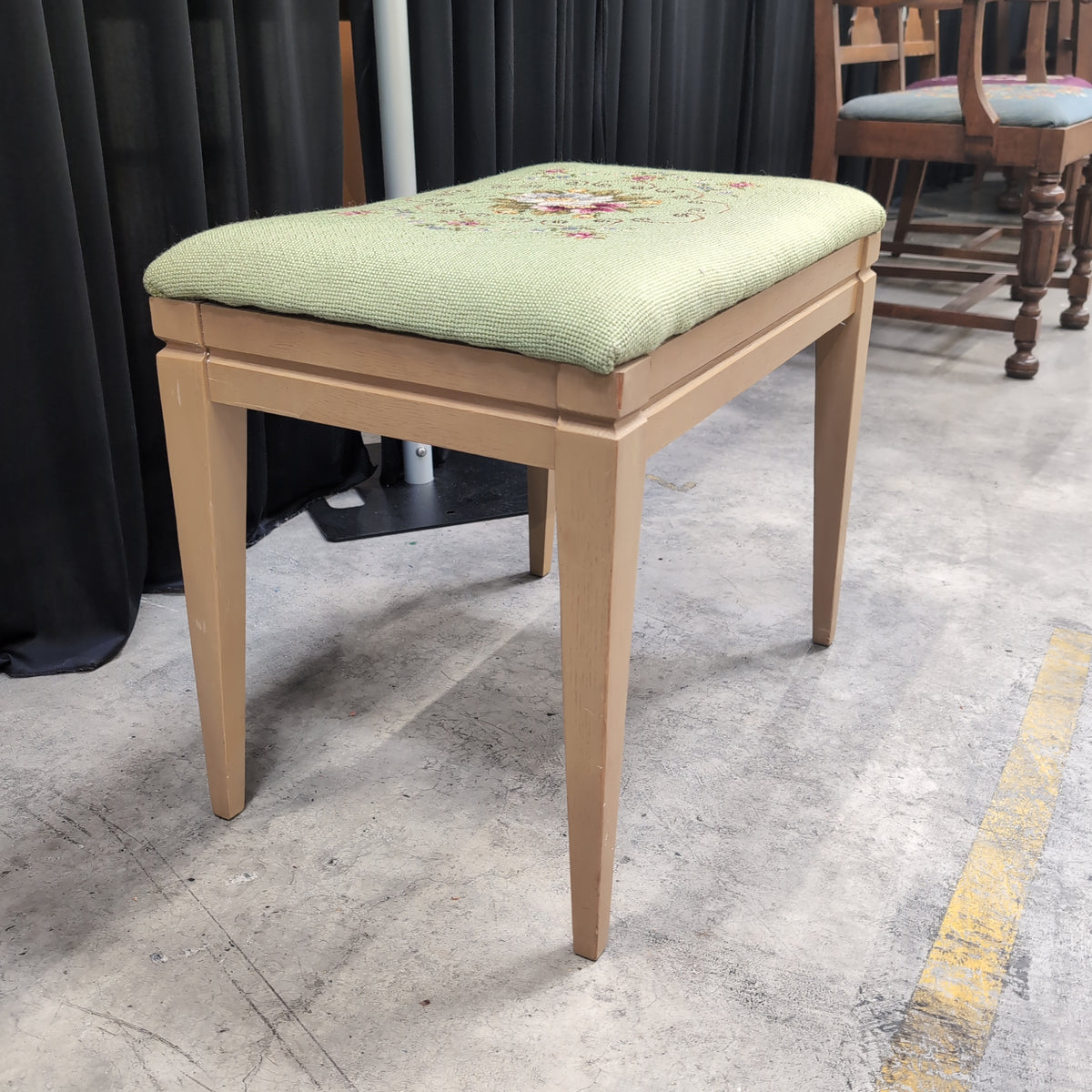 Vintage Light Green Needlepoint Ottoman with Floral Design