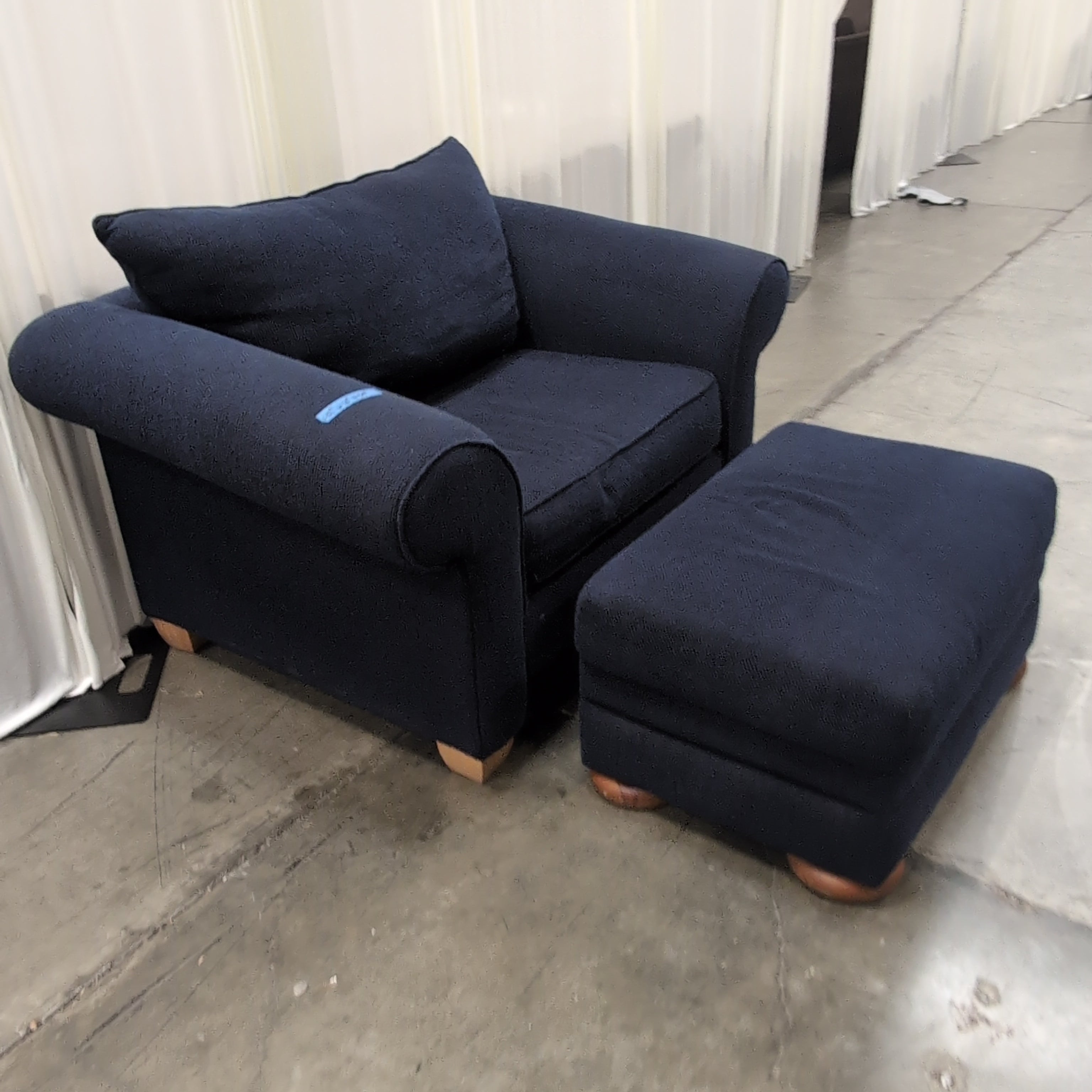 Navy Fabric Rolled Arm Chair with Matching Ottoman