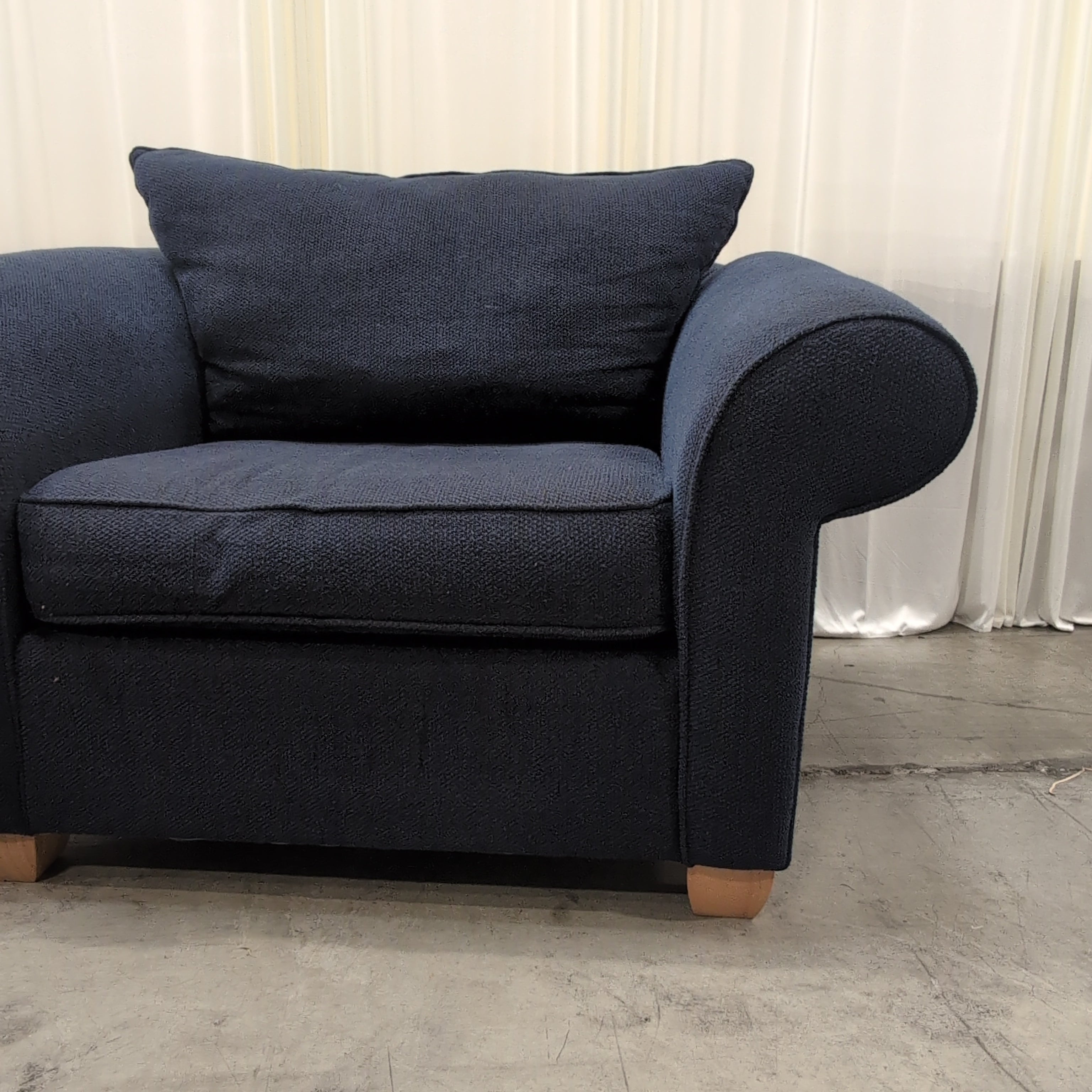 Navy Fabric Rolled Arm Chair with Matching Ottoman