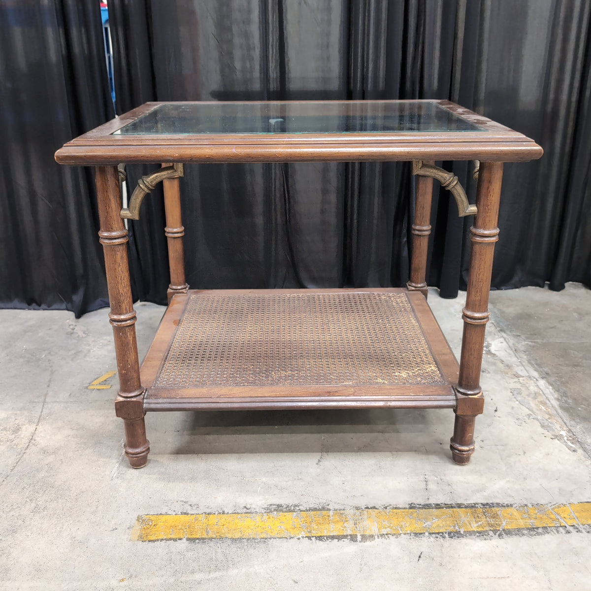 Chinoiserie Style Wood End Table with Cane Shelf