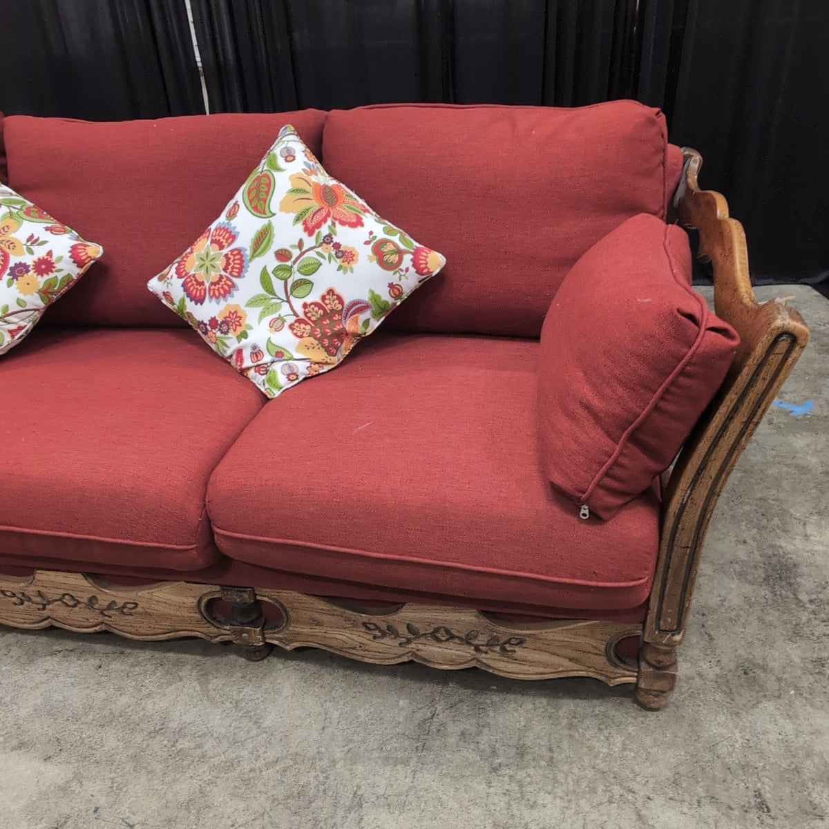 French Provincial Style Red Couch with Carved Wood