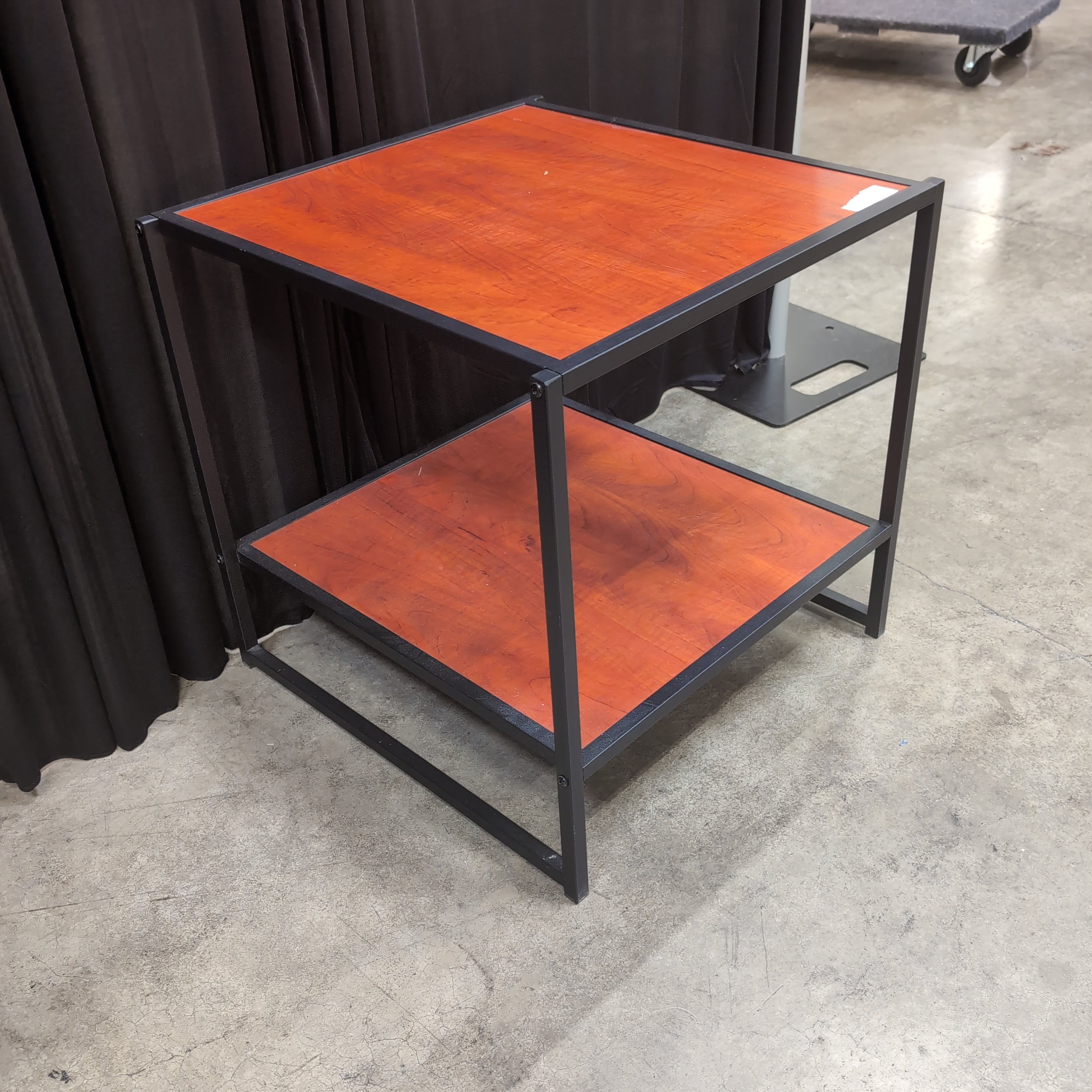 Black Metal Two-Tier End Table with Cherry-Finish Shelves