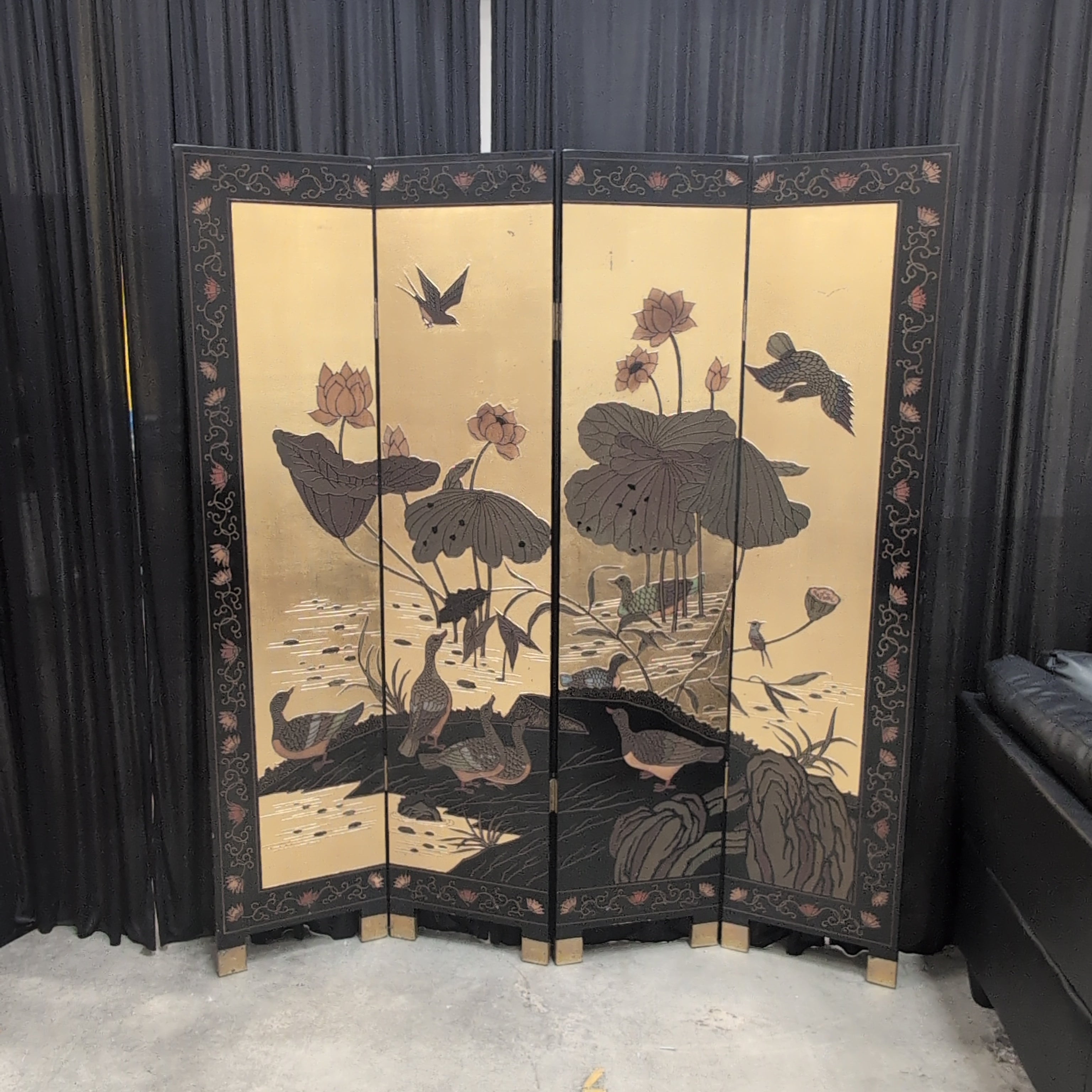 Asian Style Folding Room Divider with Brass Hinges