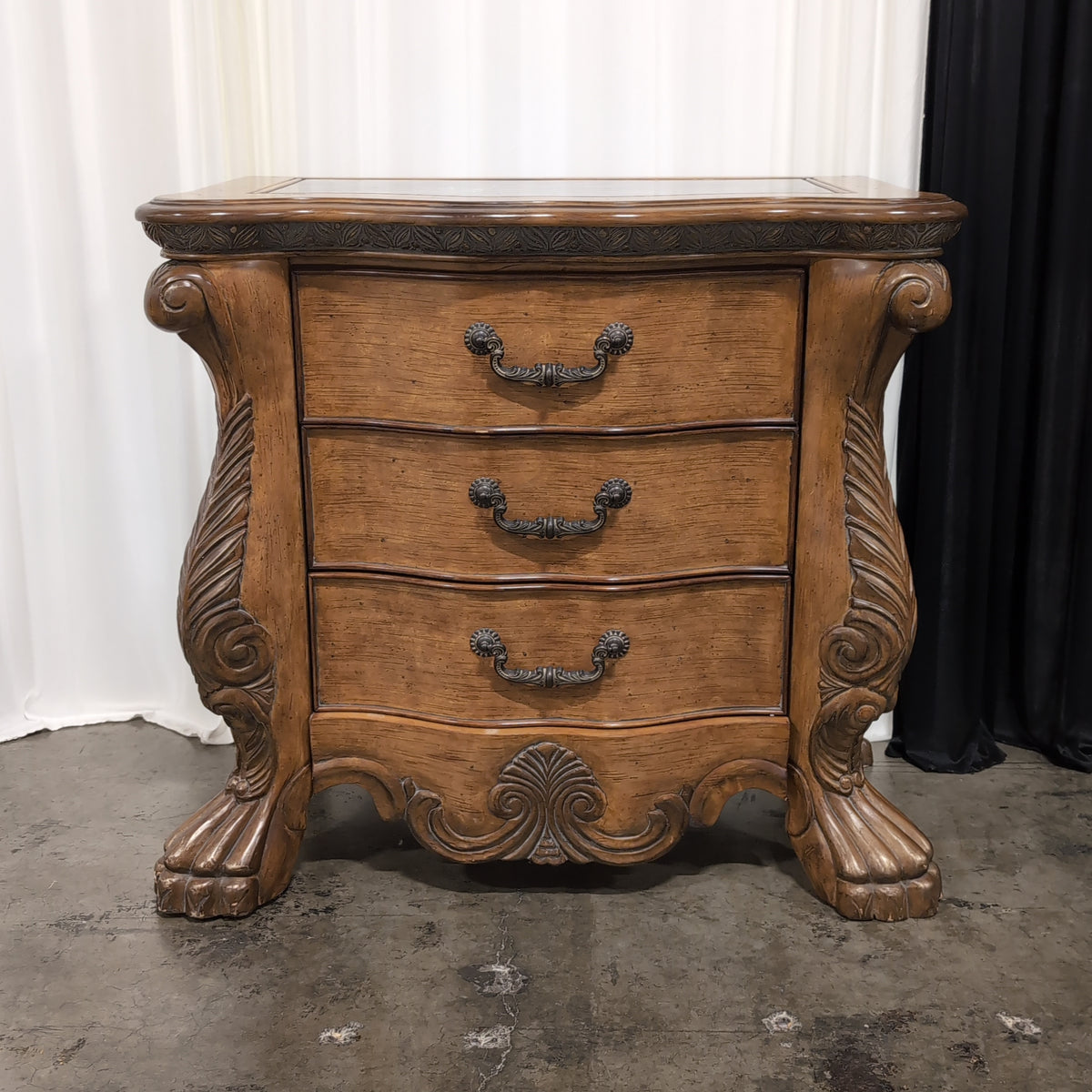 Ornate French Provincial Wood Nightstand with Marble Top