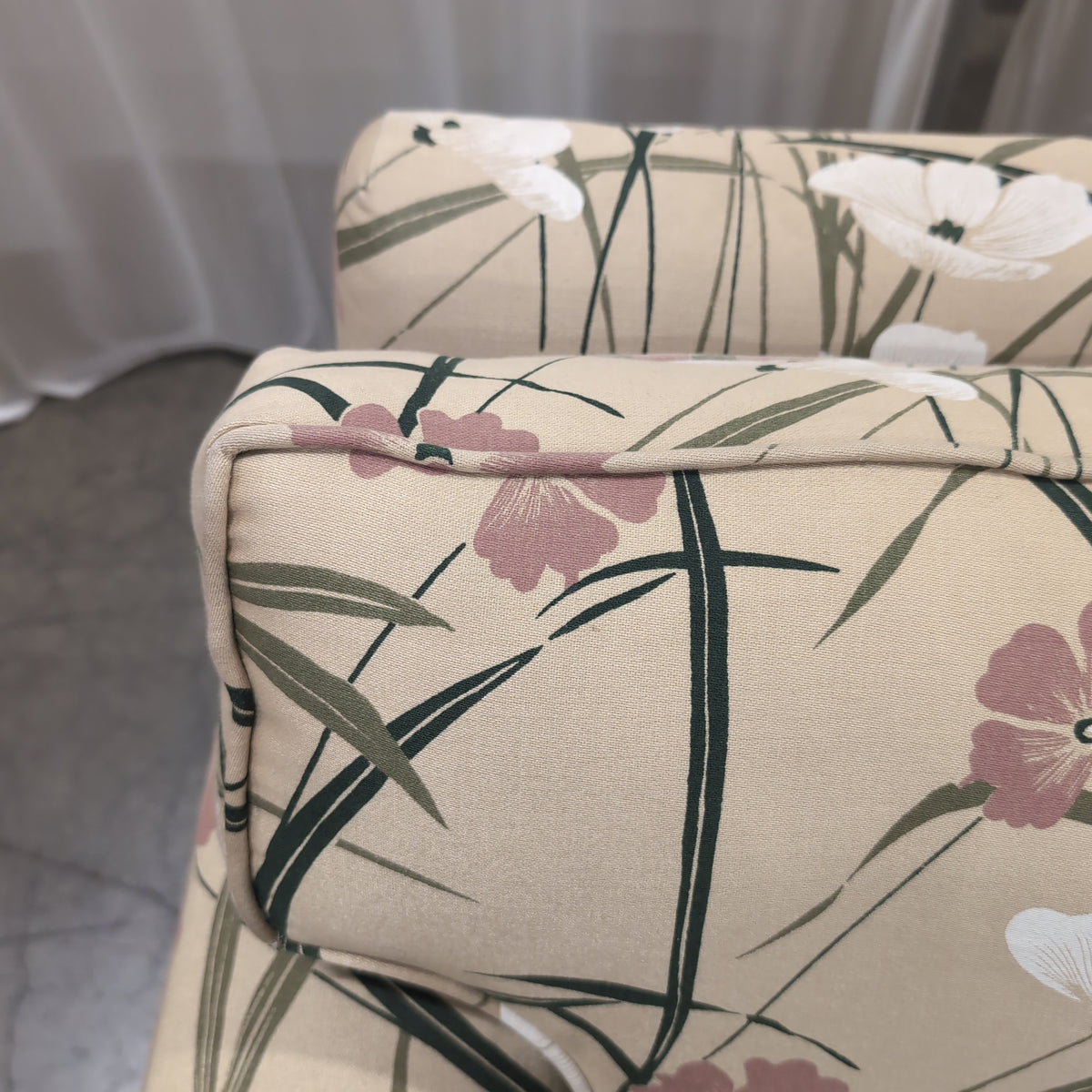 Ethan Allen Beige Floral Upholstered Rolled Arm Couch