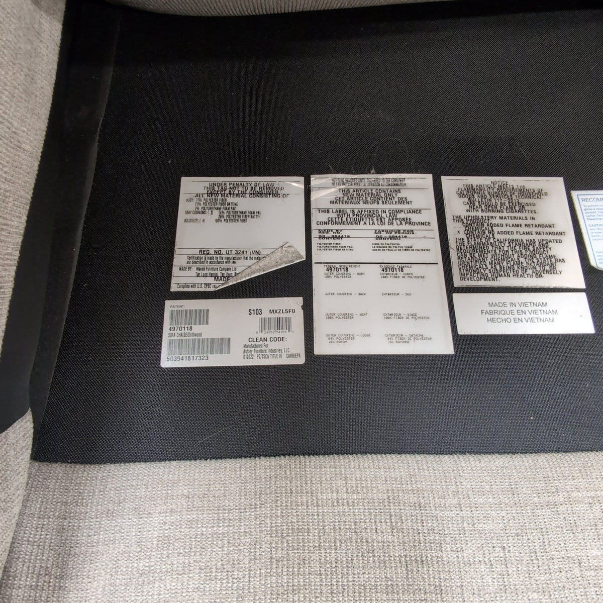 Light Grey Fabric Sectional Couch with Track Arms