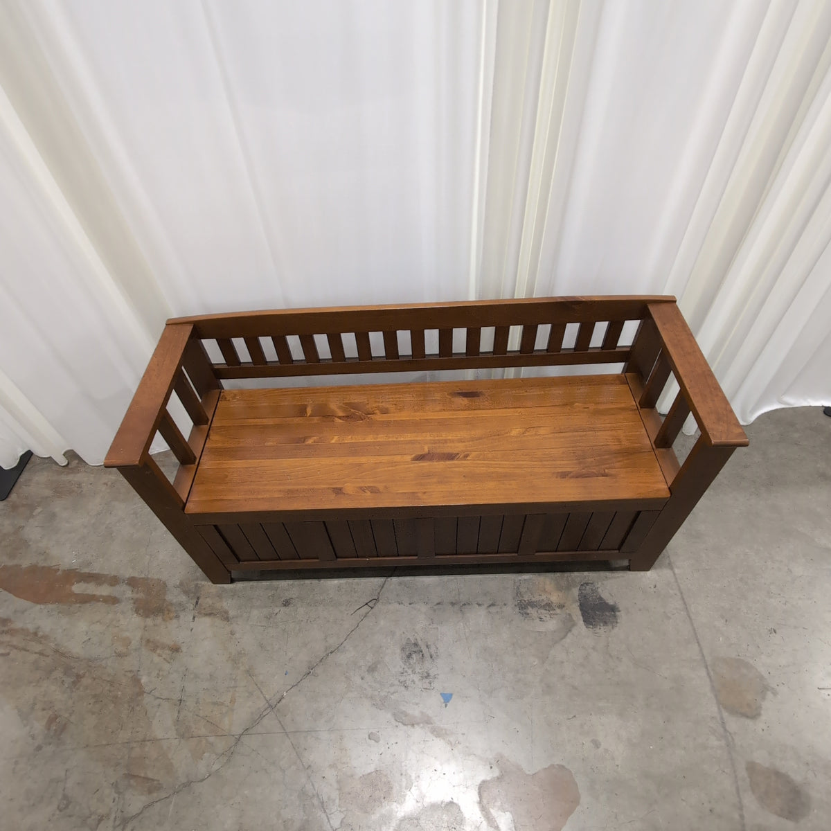 Medium Brown Wood Storage Bench with Slatted Back