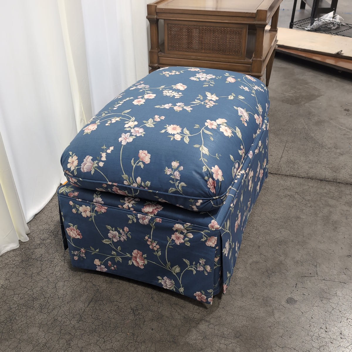 Blue Floral Fabric Ottoman with Skirted Base