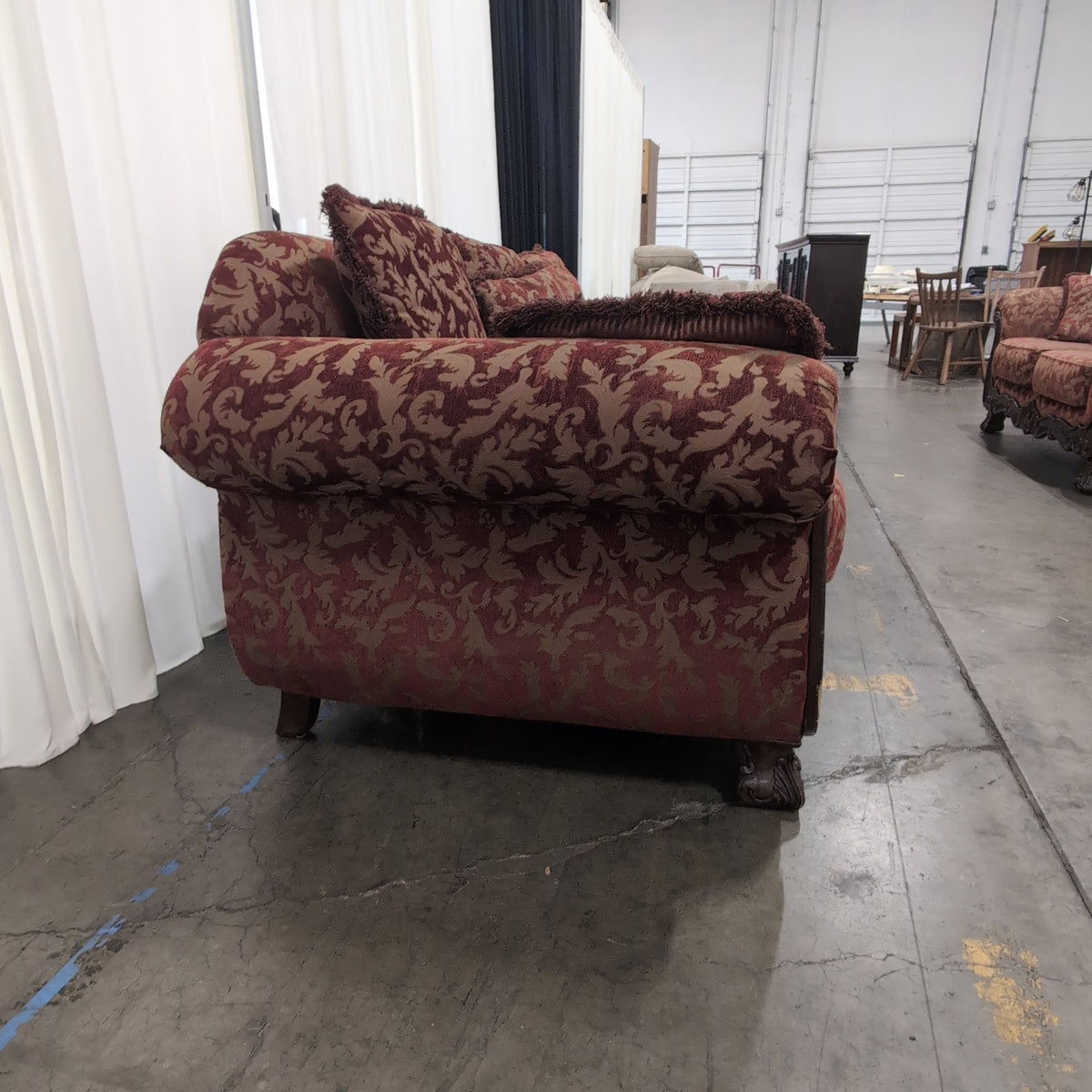 Traditional Red and Gold Brocade Couch with Carved Wood Frame