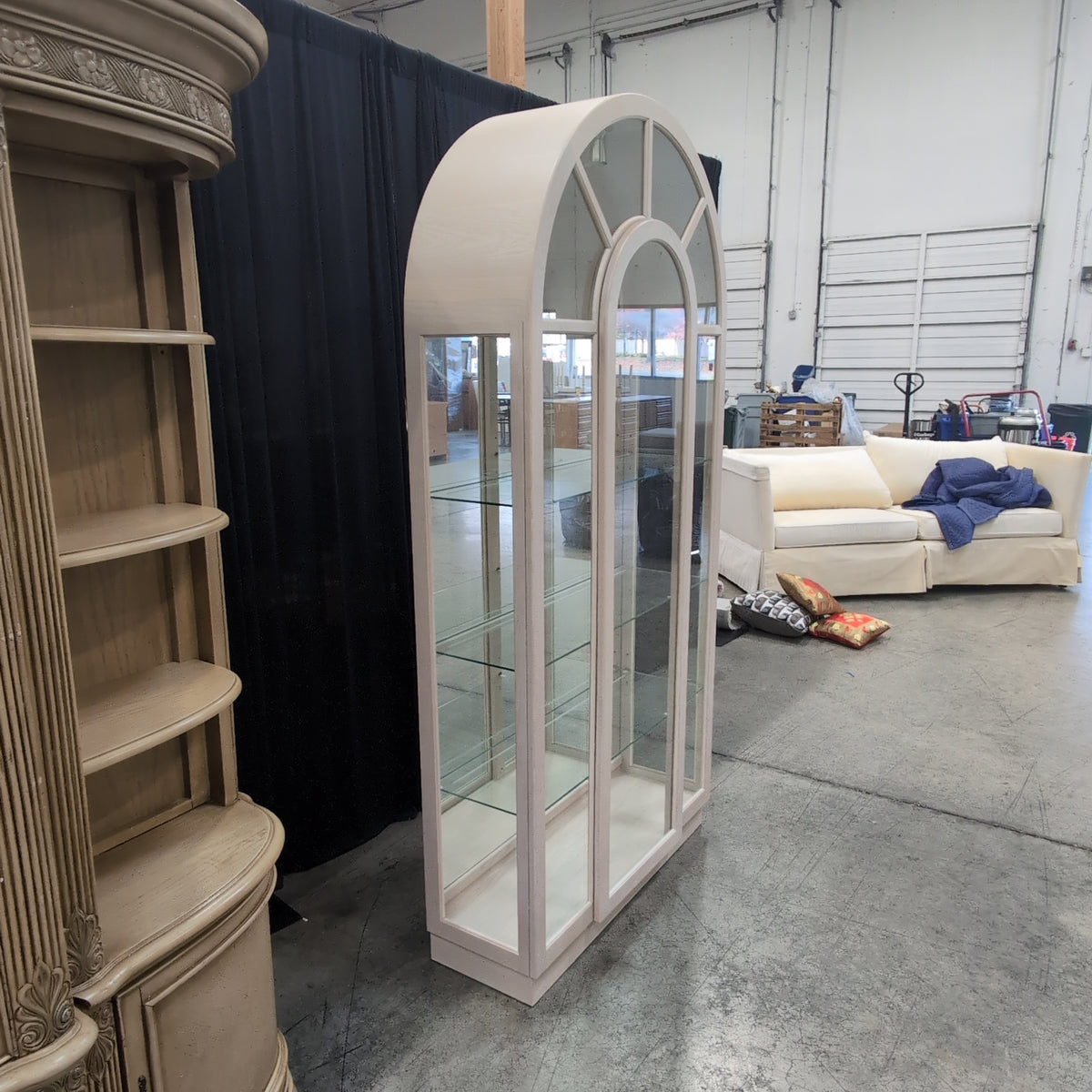 Light Wood Arched Top China Cabinet with Glass Shelves
