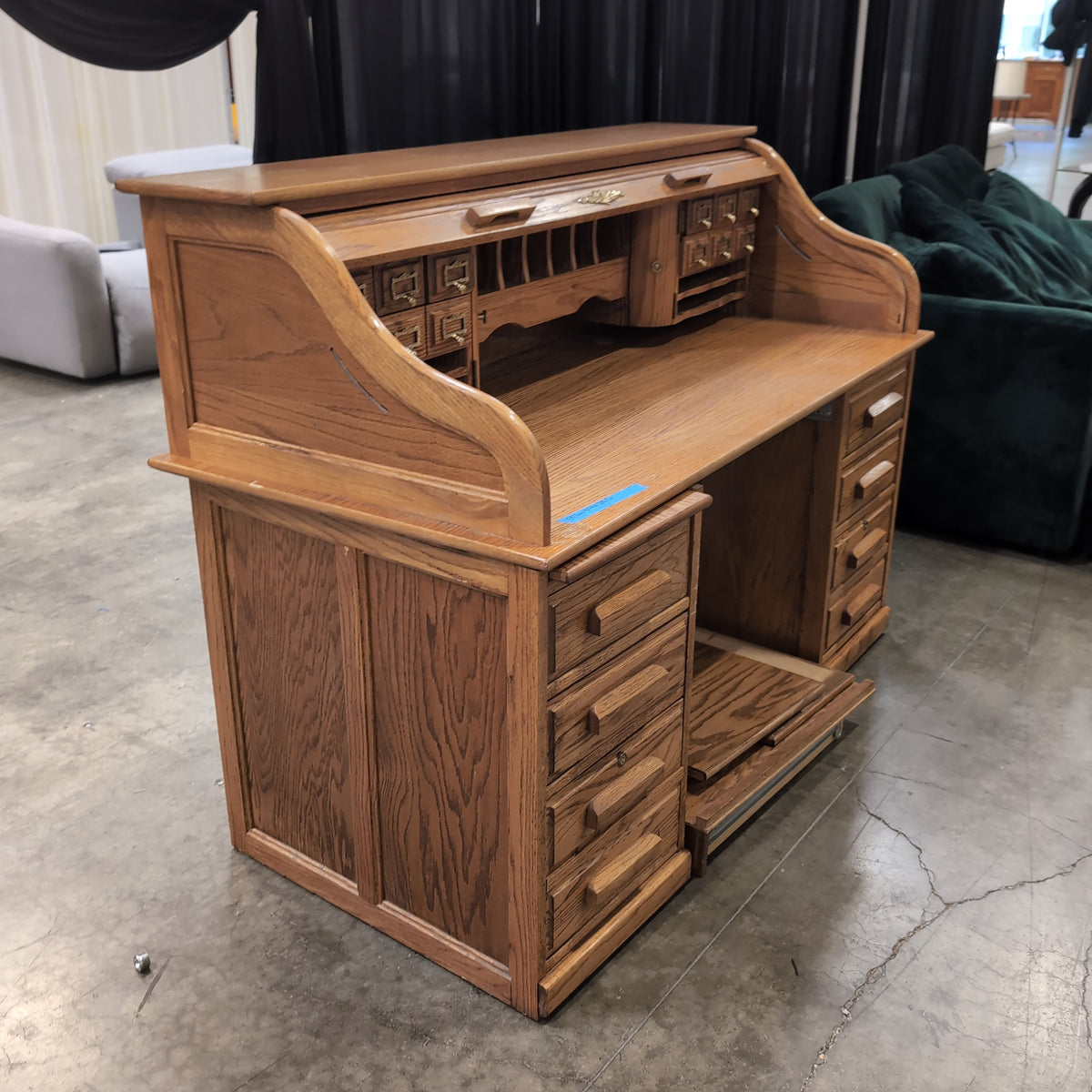 Light Brown Roll-Top Wood Desk with Multiple Drawers