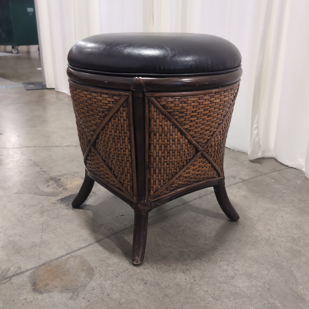 Round Woven Rattan Ottoman with Dark Upholstery