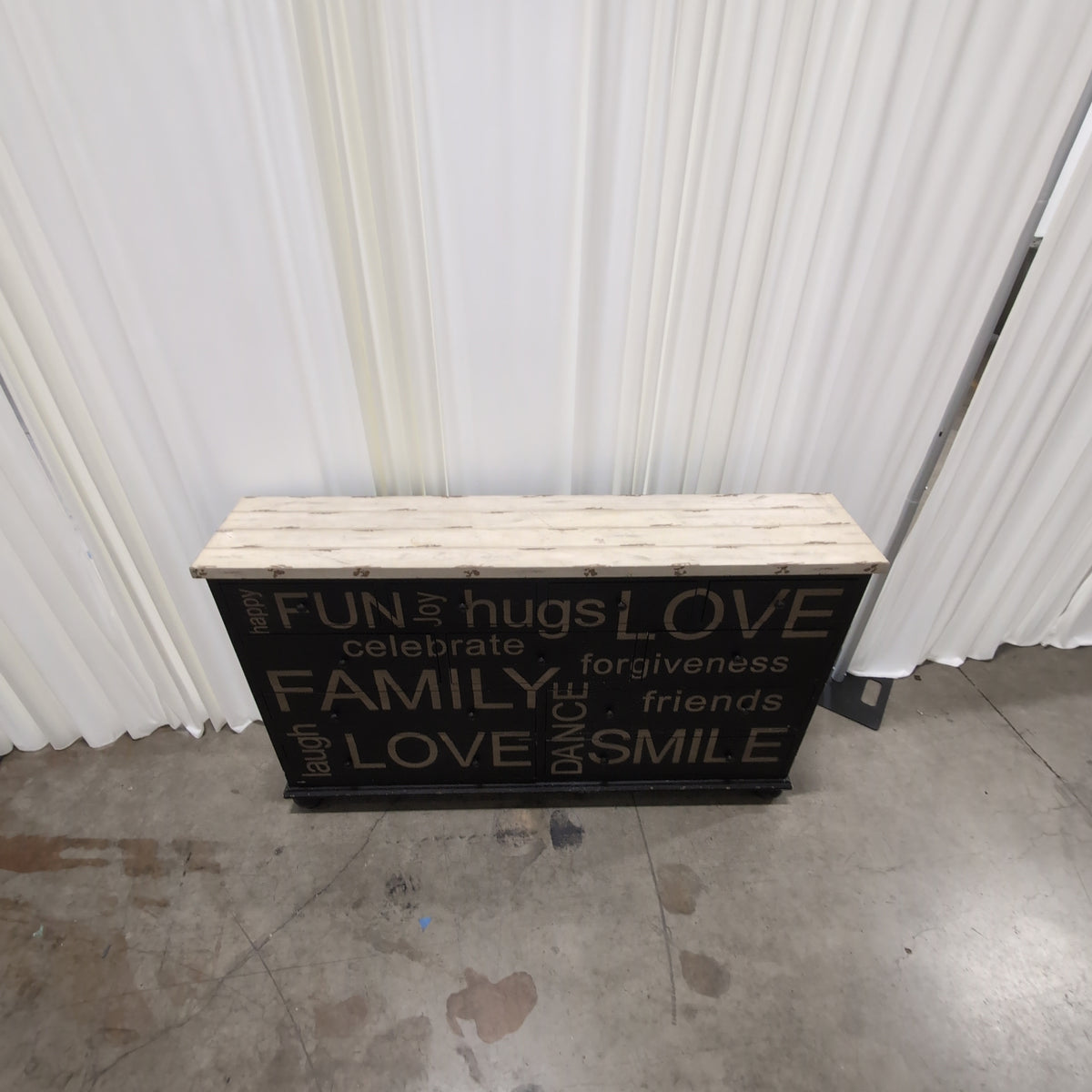 Rustic Black Wood Dresser with Stenciled Words