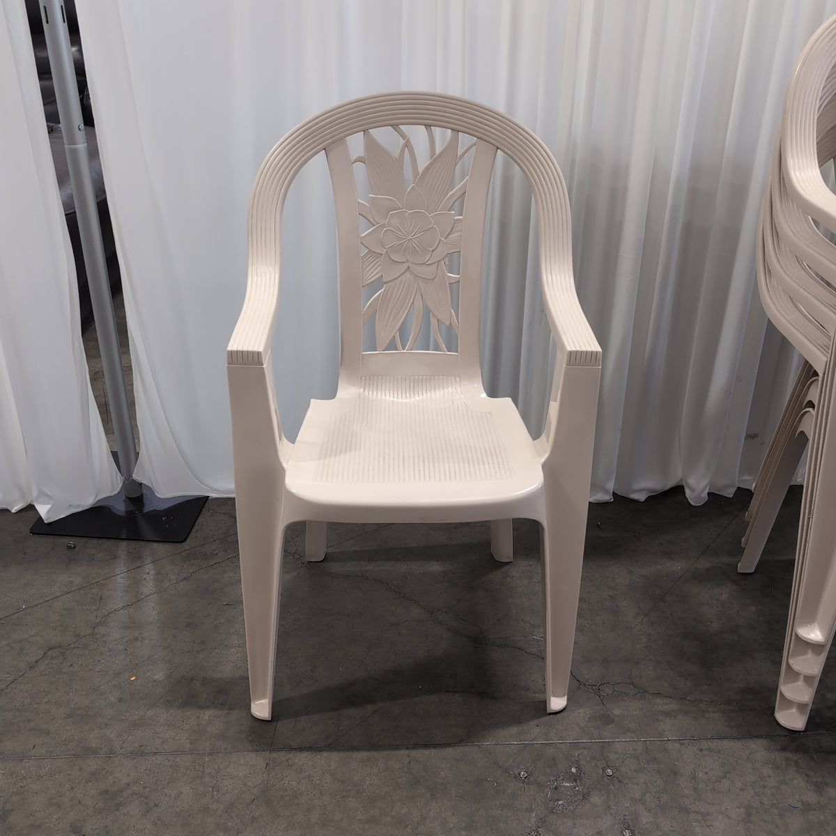 Set of Six White Plastic Stackable Outdoor Chair with Floral Backrest