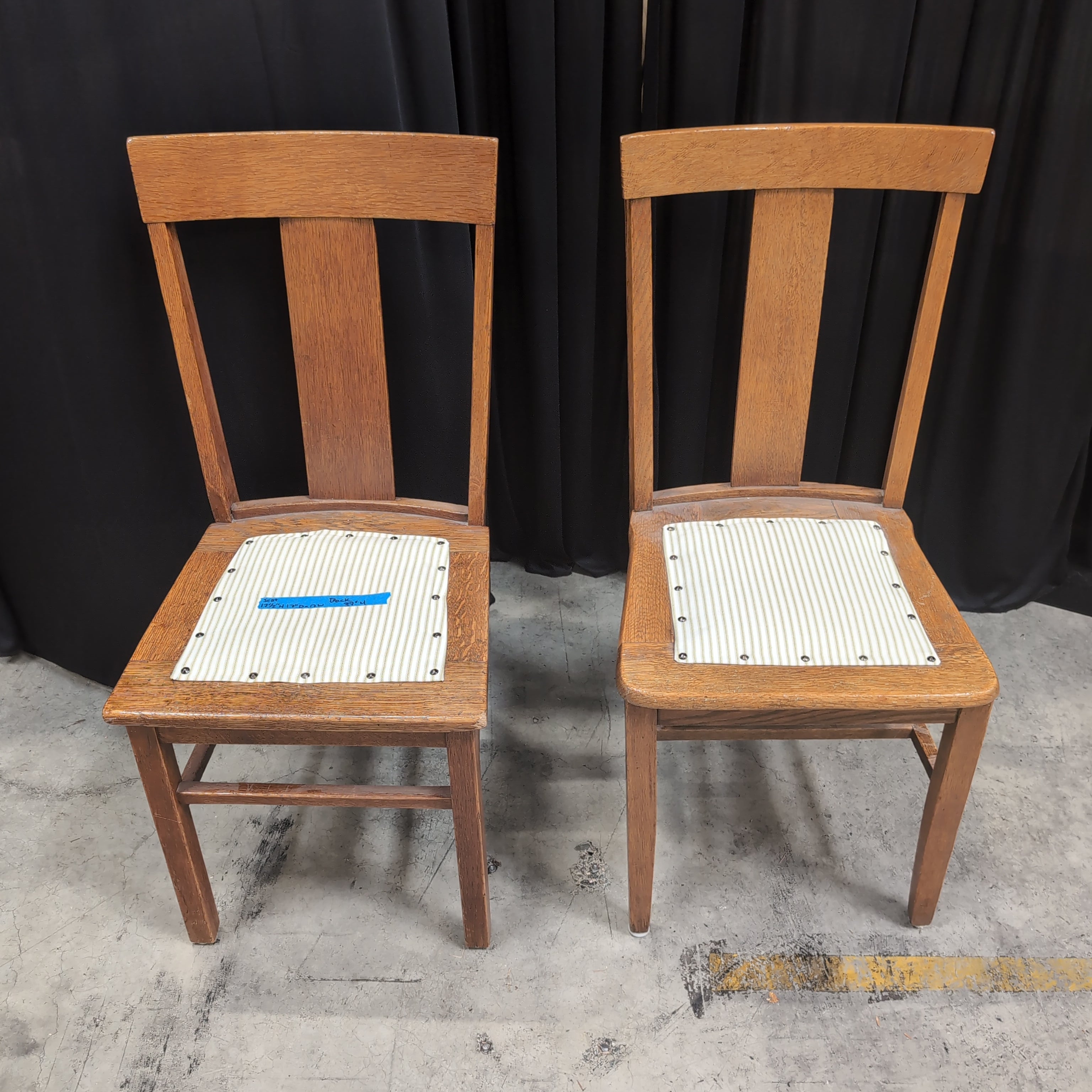 Pair of Oak T-Back Dining Chair with Striped Upholstery