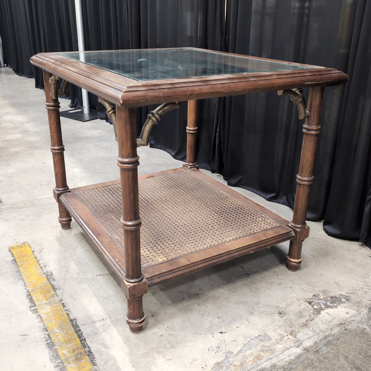Chinoiserie Style Wood End Table with Cane Shelf