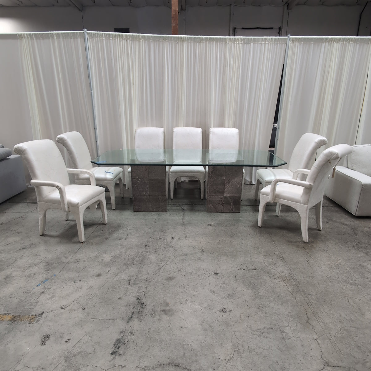 Glass Top Stone Base Dining Table with Eight Upholstered Chairs