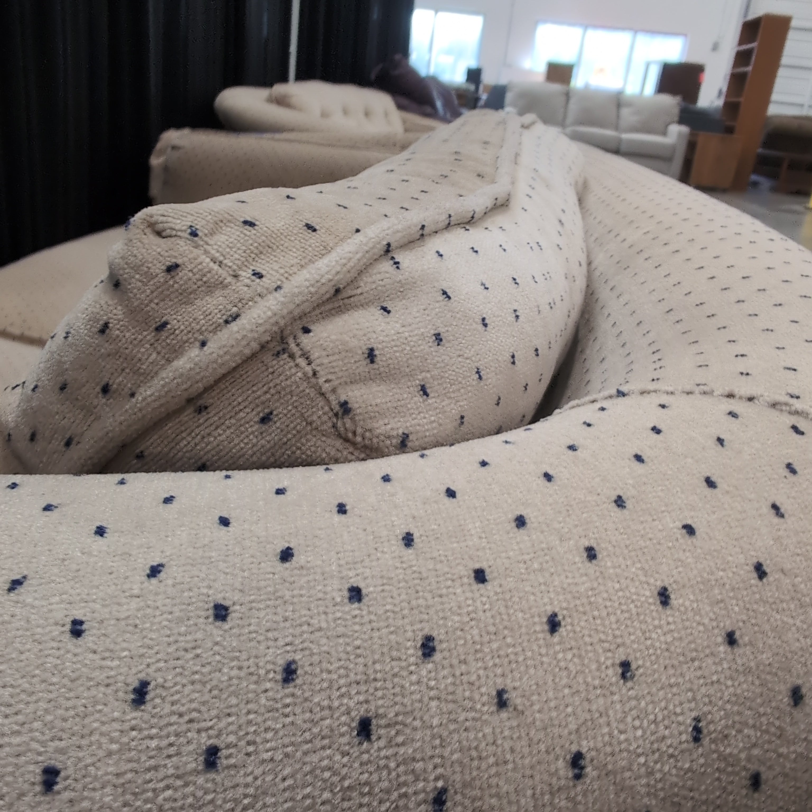 Beige Dotted Fabric Rolled Arm Couch with Button Tufting