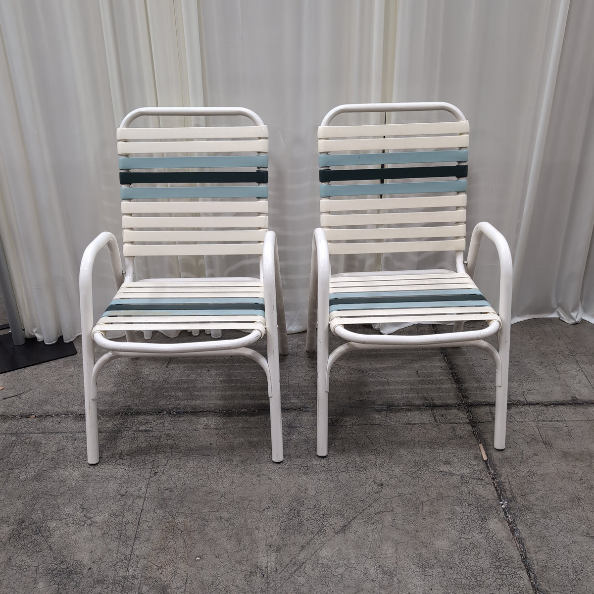 Vintage Cream Metal Patio Chair with Blue Straps