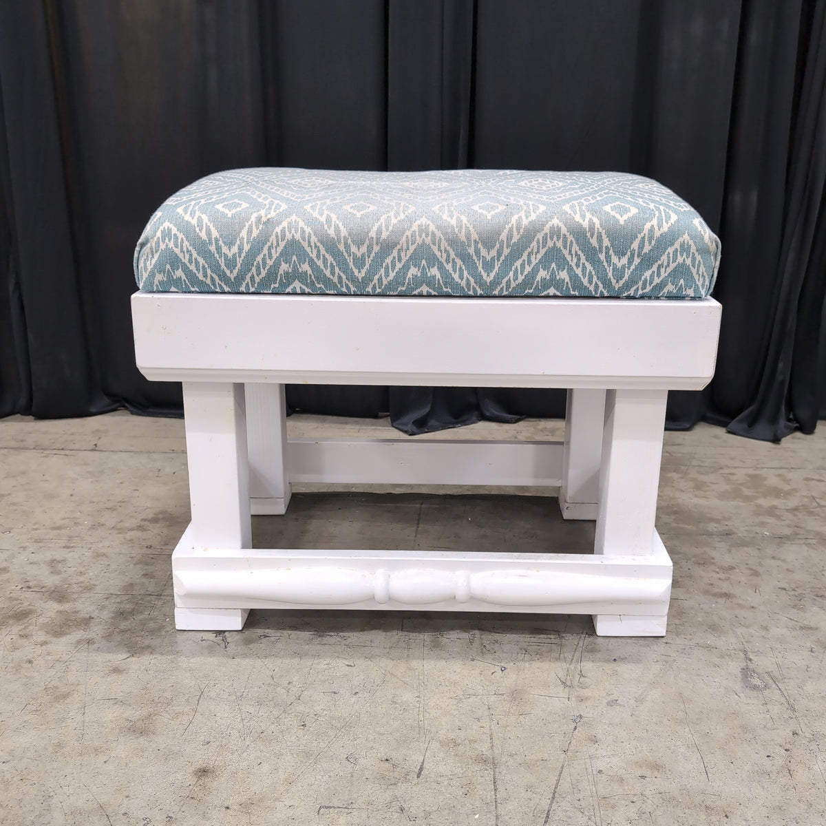 White Wood Ottoman with Patterned Cushion