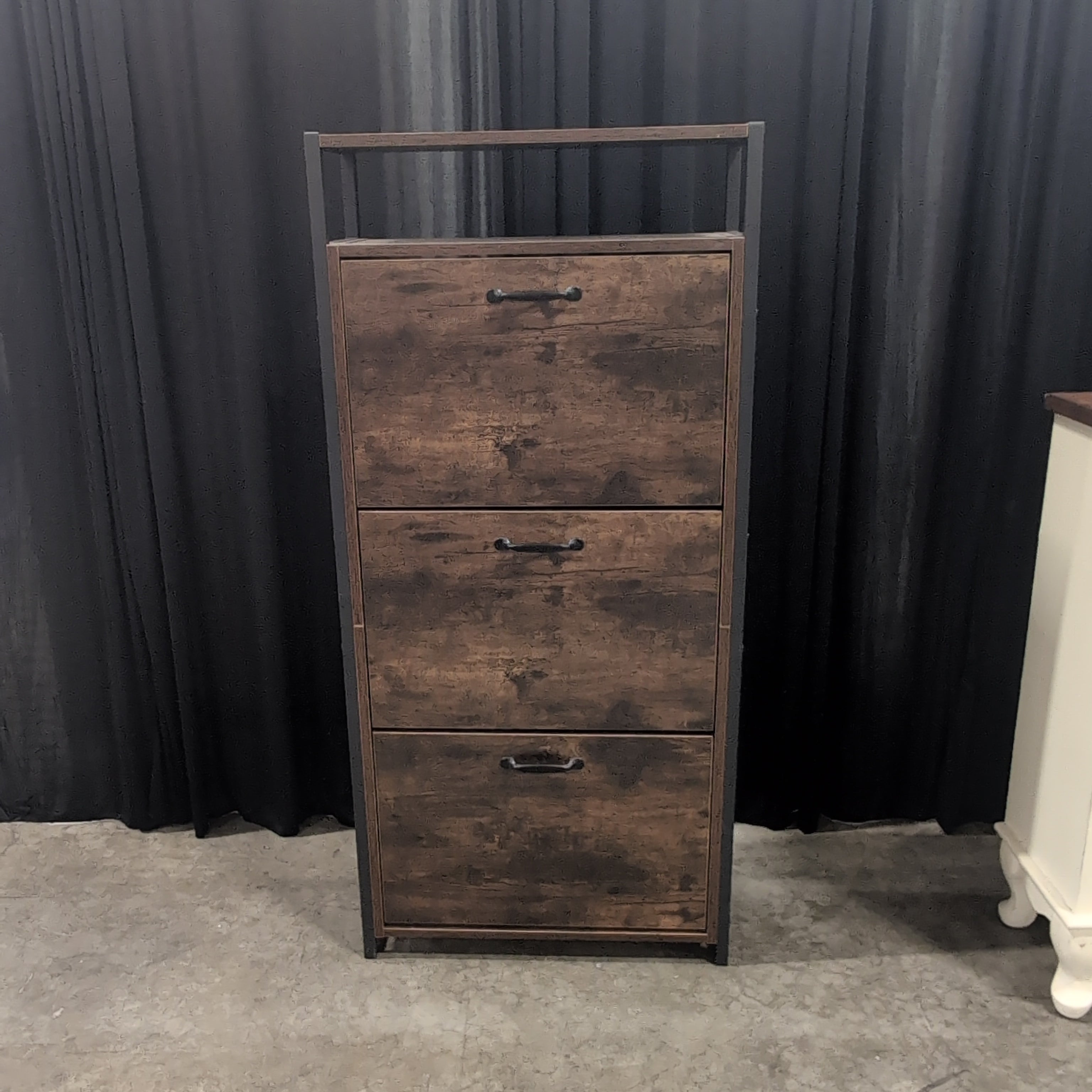 Industrial Dark Brown Three-Tier Shoe Cabinet in Wood and Metal