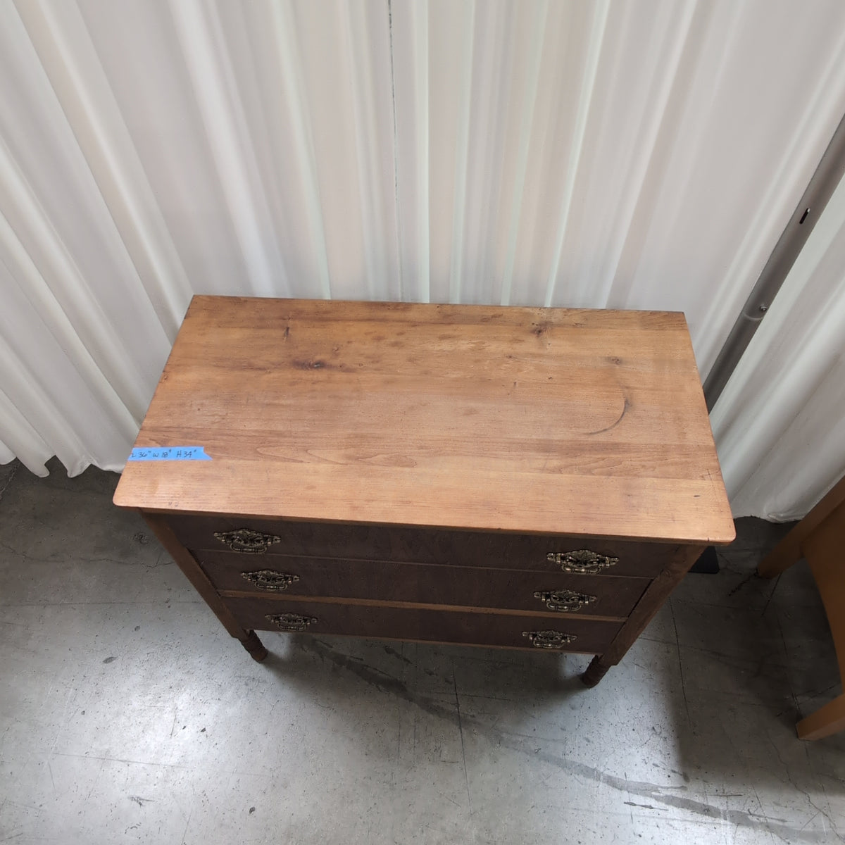 Antique Brown Wood Three-Drawer Dresser with Ornate Hardware