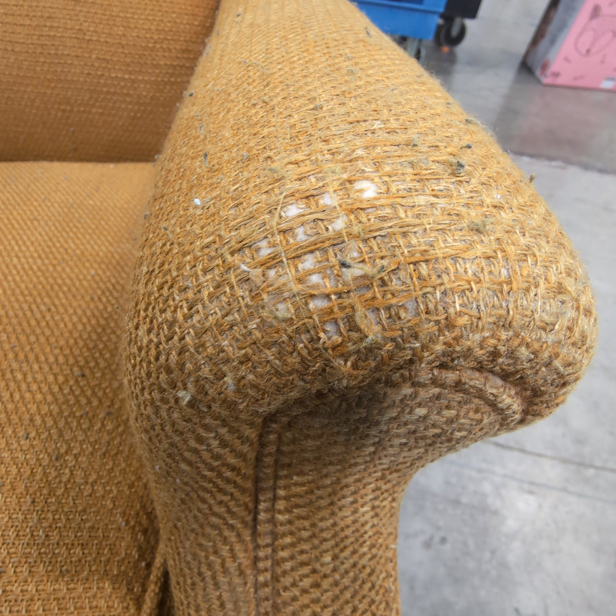 Vintage Mustard Yellow Tufted Couch with Wood Trim