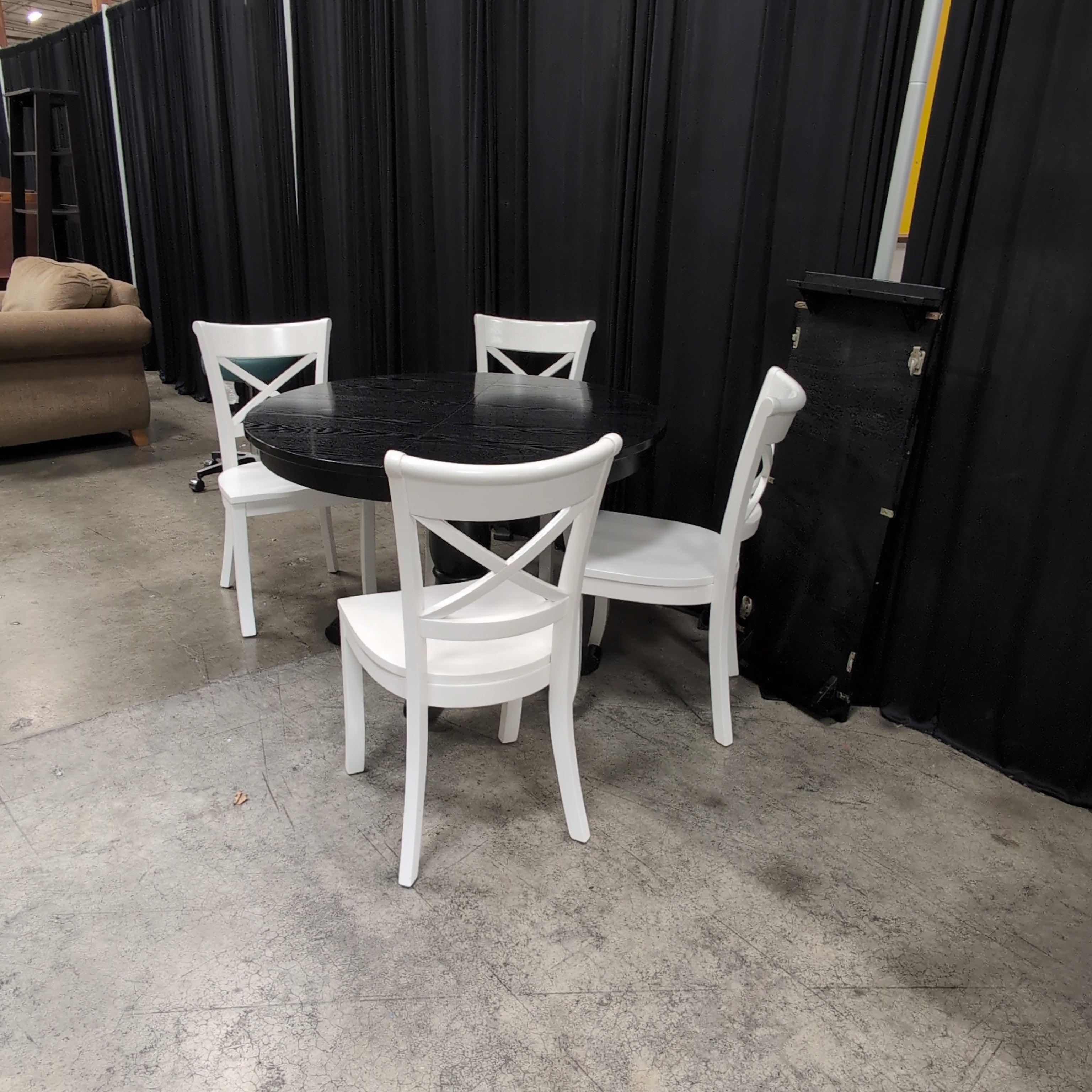 Crate & Barrel Dark Wood Round Pedestal Dining Table with Leaf & Four White Chairs