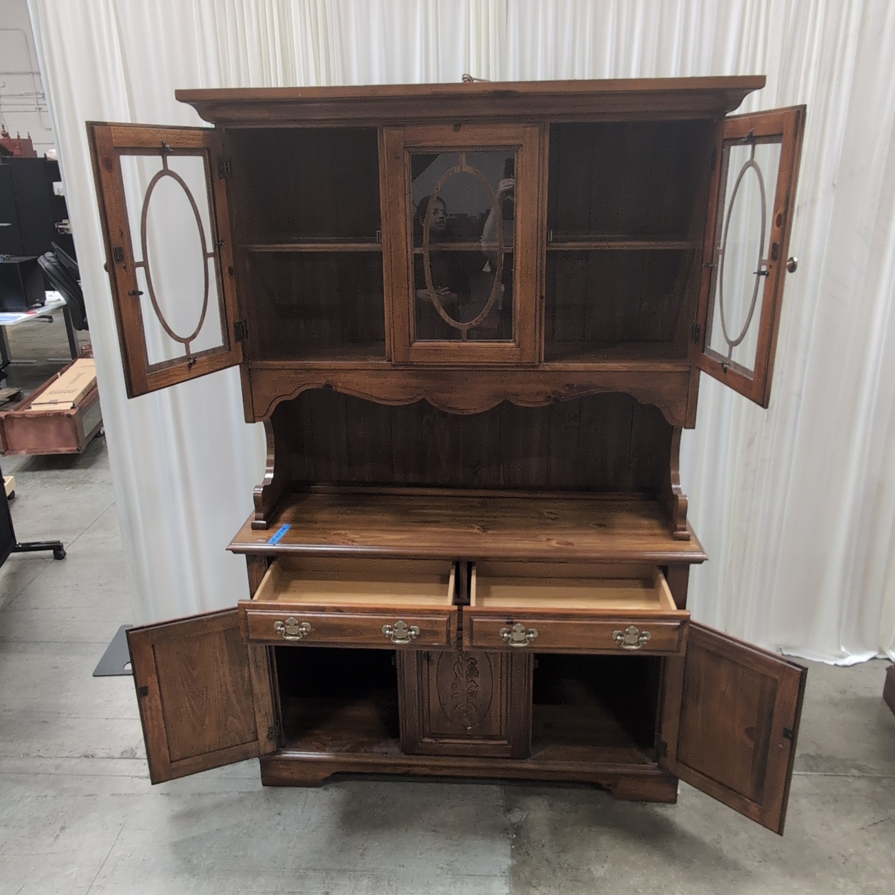 Traditional Dark Wood China Cabinet with Ornate Carvings